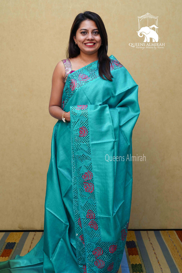 BLUE GREEN PURE TUSSAR SILK SAREE - Queens Jewel Emporium