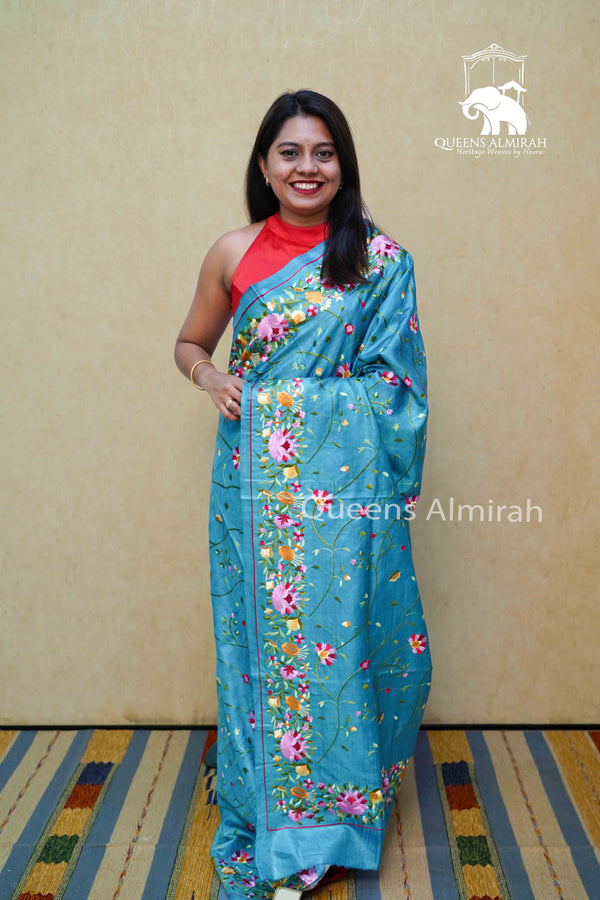 DEEP AQUA BLUE PURE TUSSUR SILK PARSI EMBROIDERY SAREE - Queens Jewel Emporium