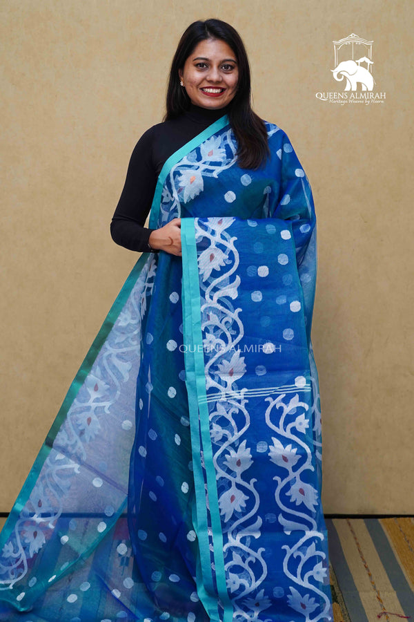 PEACOCK BLUE MUSLIN JAMDANI SAREE - Queens Jewel Emporium
