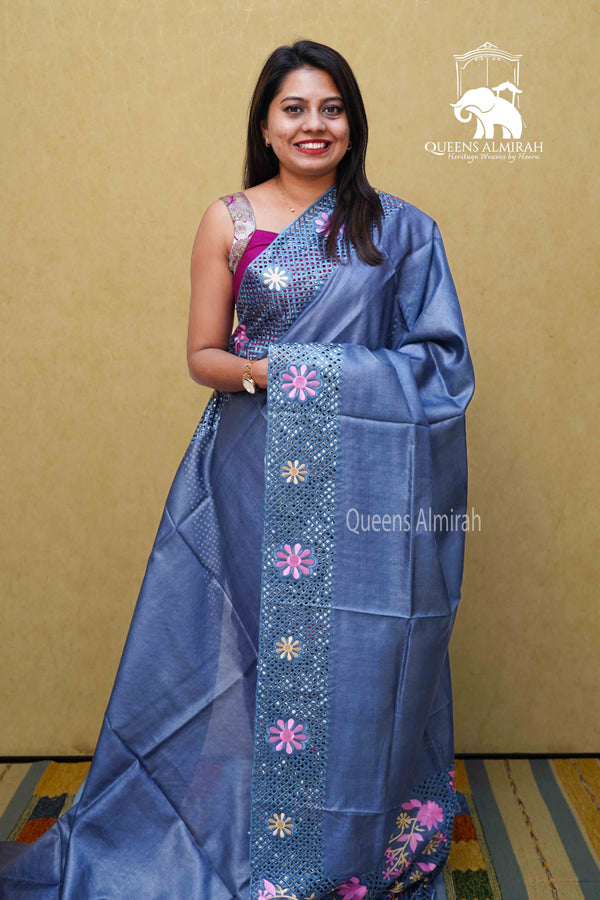 DARK GREY BLUE  TUSSAR SILK SAREE - Queens Jewel Emporium