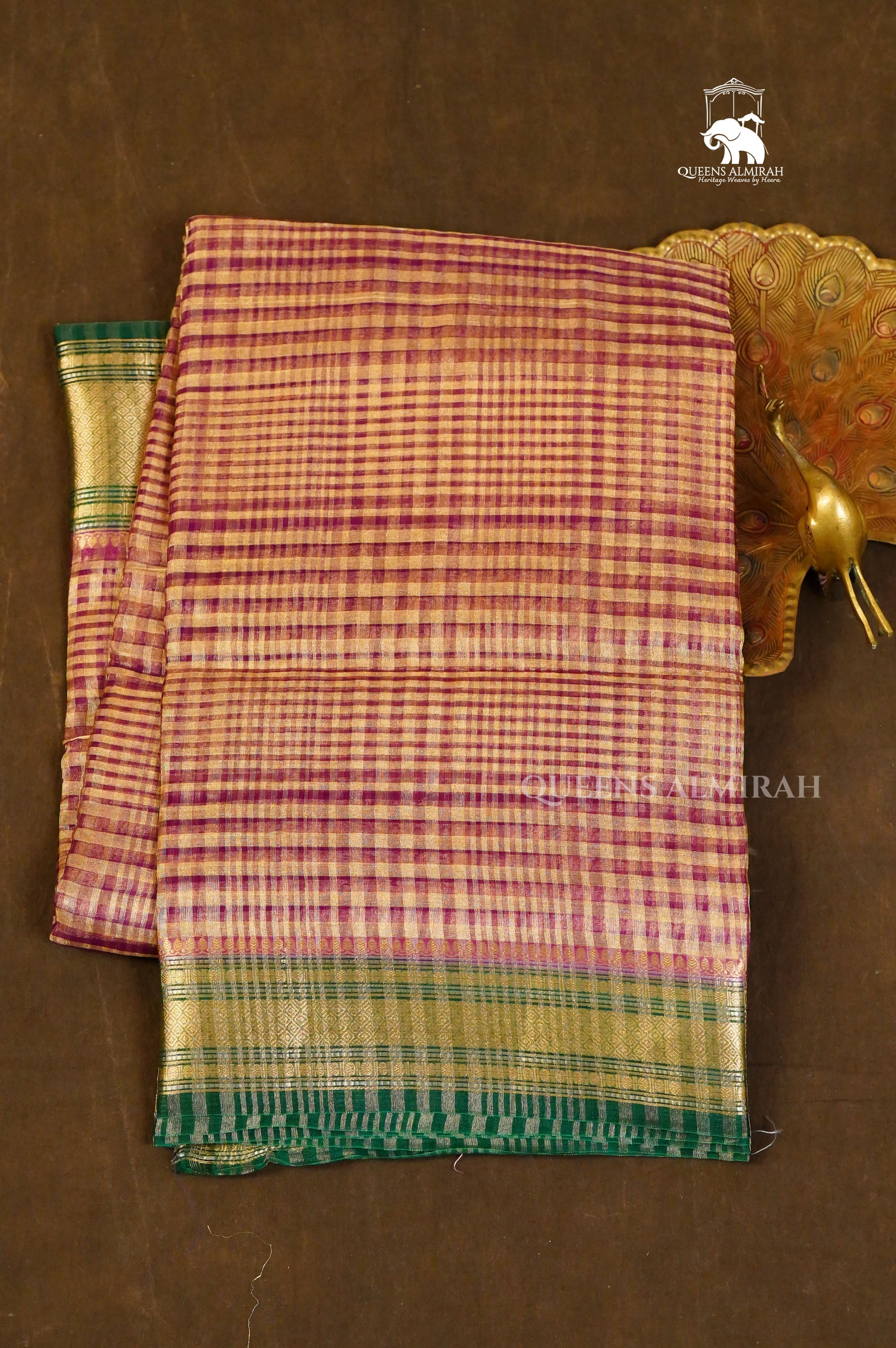 Brown Checks With Green Border Chanderi Katan Silk Handloom Saree