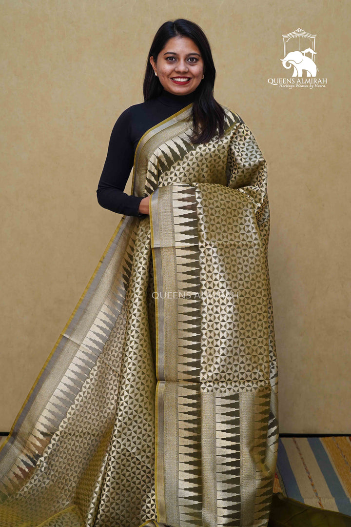 ARMY GREEN  BROCADE BANARASI SILK  SAREE - Queens Jewel Emporium