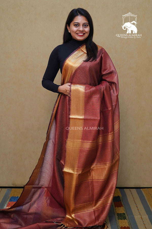 RED BROWN MAHESHWARI SAREE - Queens Jewel Emporium