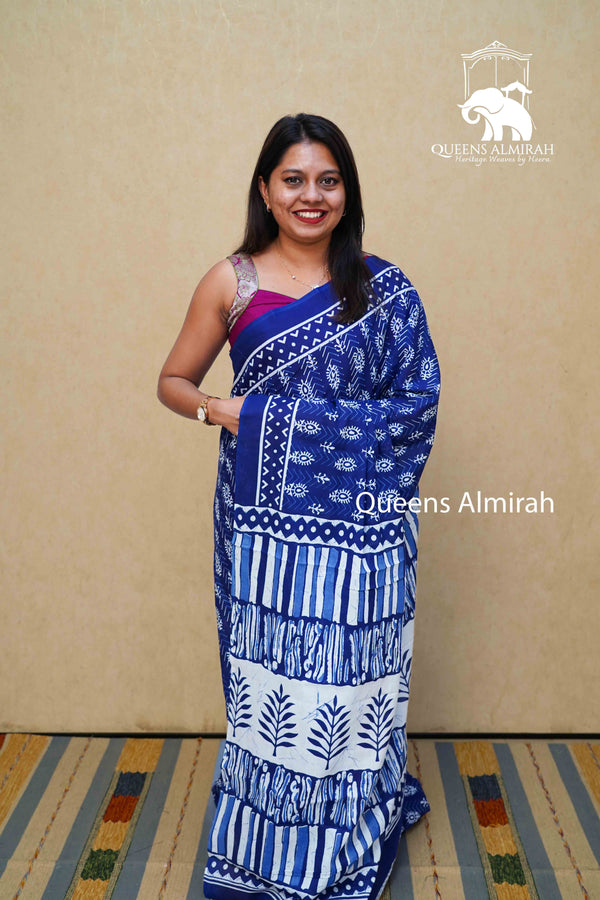 DARK NAVVY MULMUL COTTON SAREE - Queens Jewel Emporium