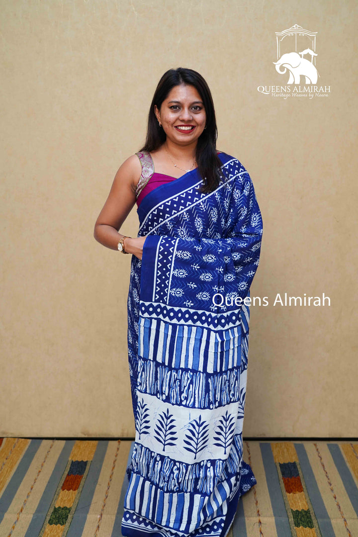 DARK NAVVY MULMUL COTTON SAREE - Queens Jewel Emporium