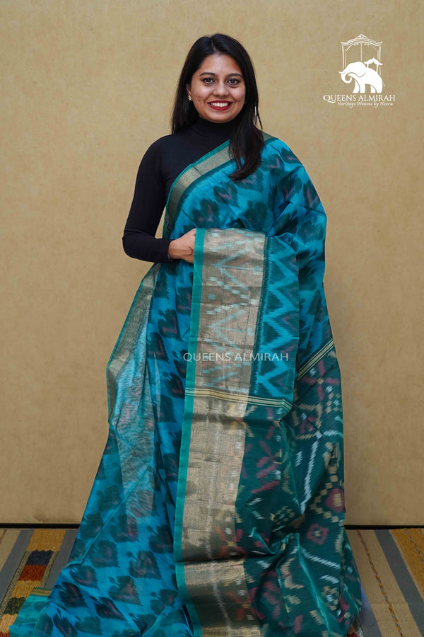 PURE SILK COTTON SAREE - TEAL GREEN WITH LEAF GREEN - Queens Jewel Emporium