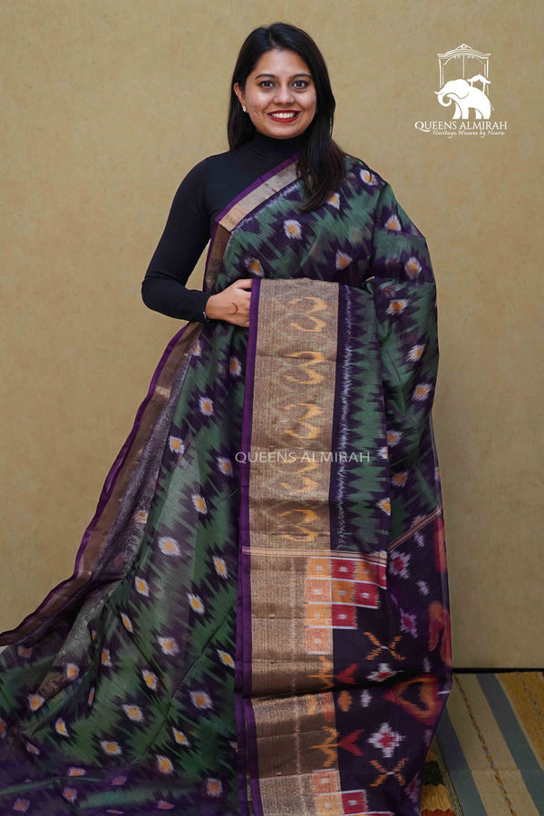 PURE SILK COTTON SAREE - DUSKY GREEN WITH WINE - Queens Jewel Emporium
