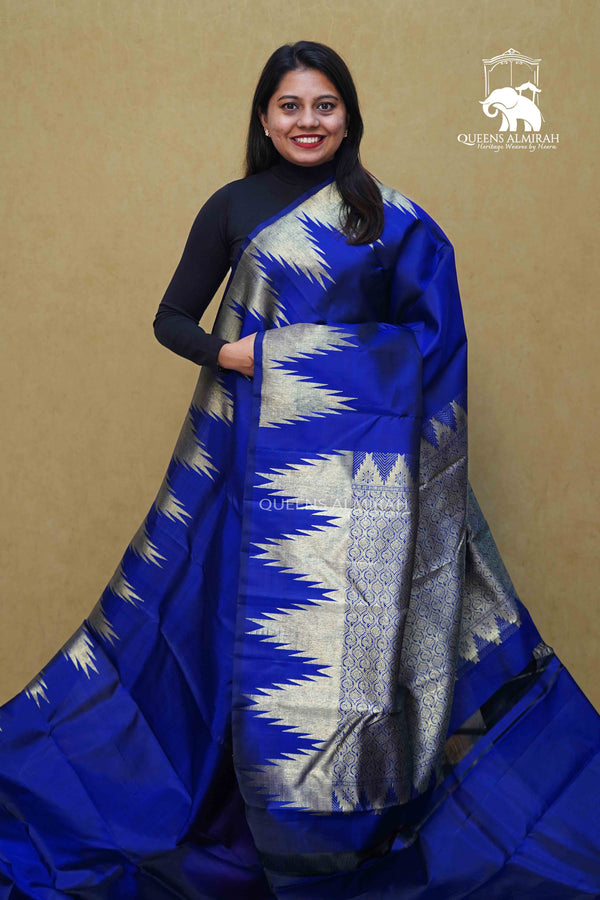 DARK ROYAL BLUE PURE KANCHIVARAM SILK SAREE - Queens Jewel Emporium
