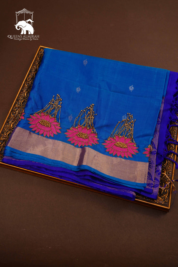 MEDIUM PERISAN BLUE WITH PERISAN INDIGO DESIGNER SILK SAREE - Queens Jewel Emporium
