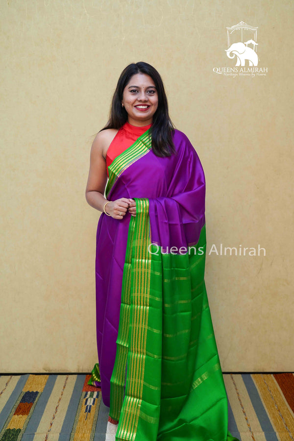 PLUM PURPLE WITH DEEP GREEN MYSORE SILK SAREE - Queens Jewel Emporium