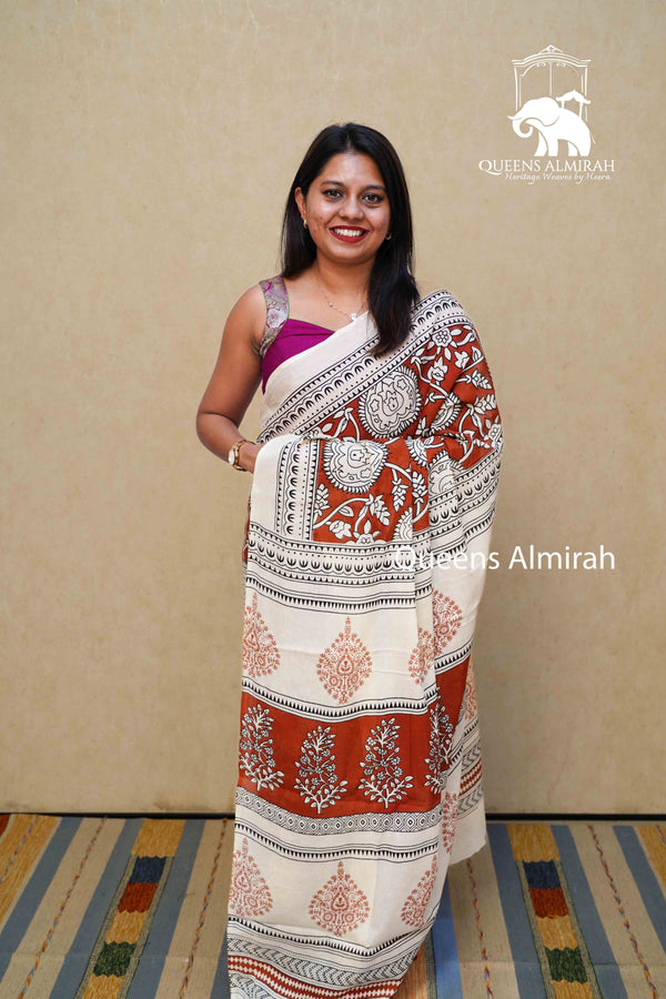 OFF WHITE WITH COFEE BROWN MULMUL COTTON SAREE - Queens Jewel Emporium