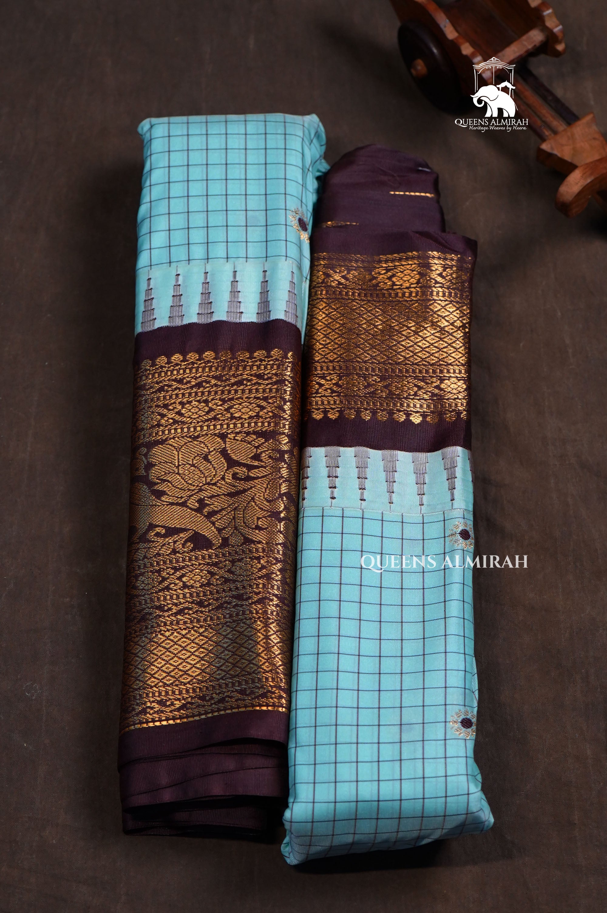 Ice Blue With Brown Semi Gadwal Silk Saree