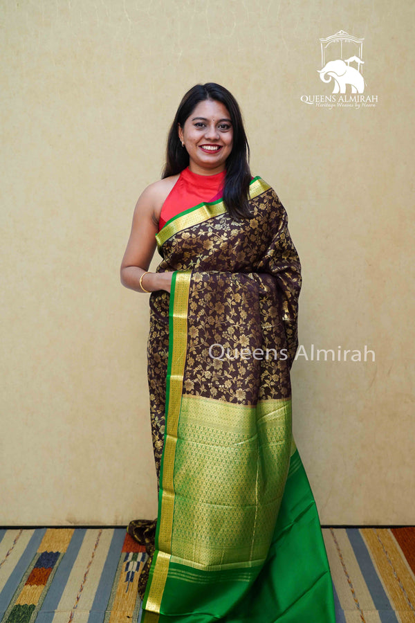 COCOA BROWN WITH LEAF GREEN MYSORE SILK SAREE - Queens Jewel Emporium