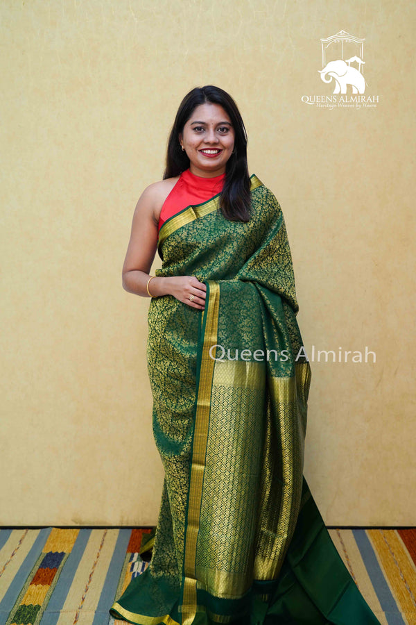 PALM GREEN MYSORE SILK SAREE - Queens Jewel Emporium