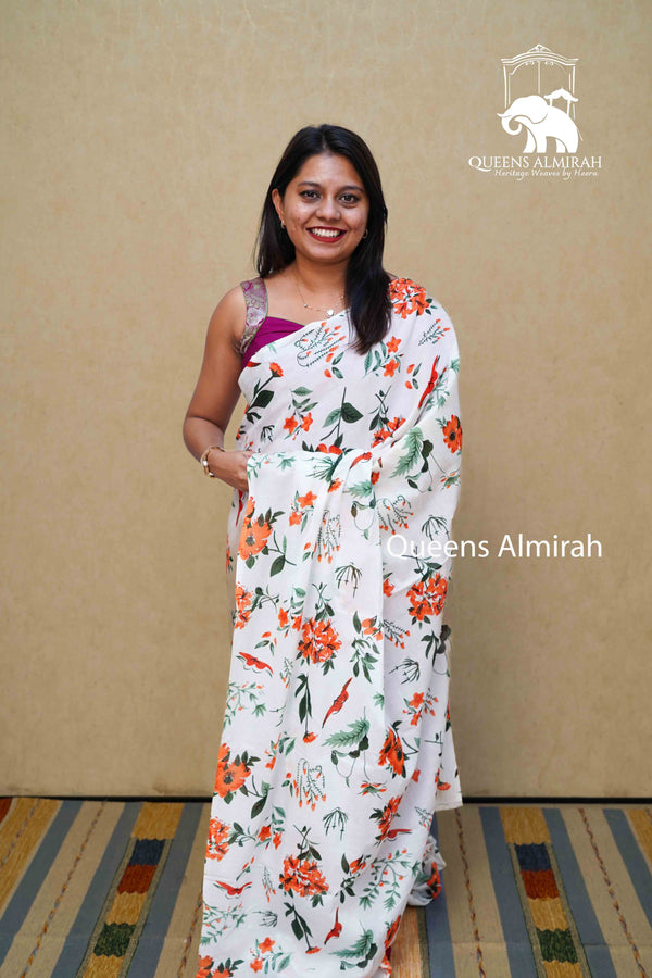 WHITE MULMUL COTTON SAREE 2 - Queens Jewel Emporium