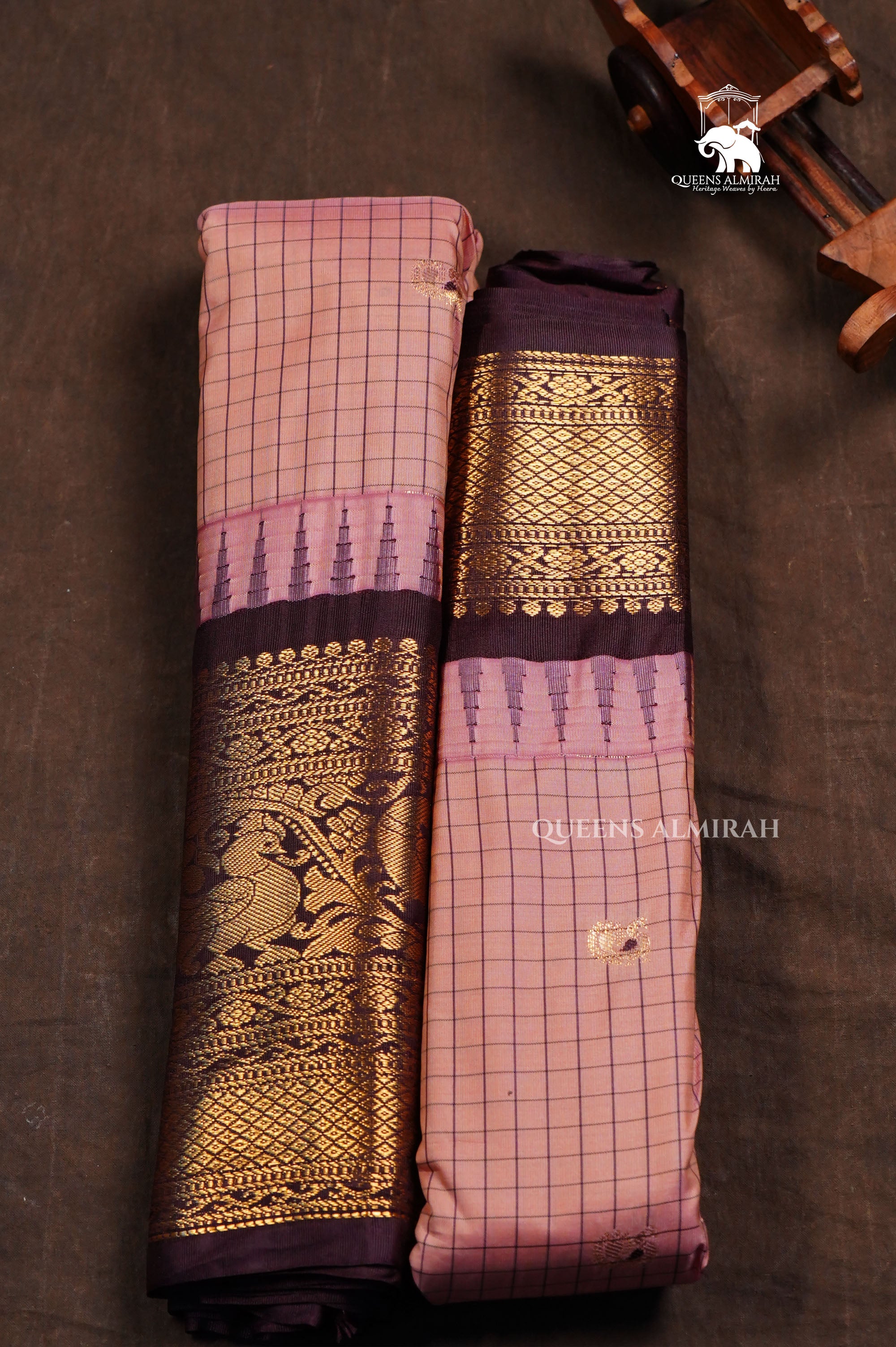 Onion Pink With Brown Semi Gadwal Silk Saree