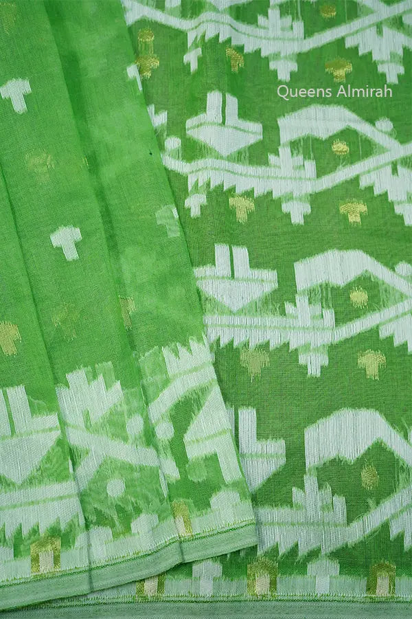 FADED GREEN JAMDANI COTTON SAREE - Queens Jewel Emporium