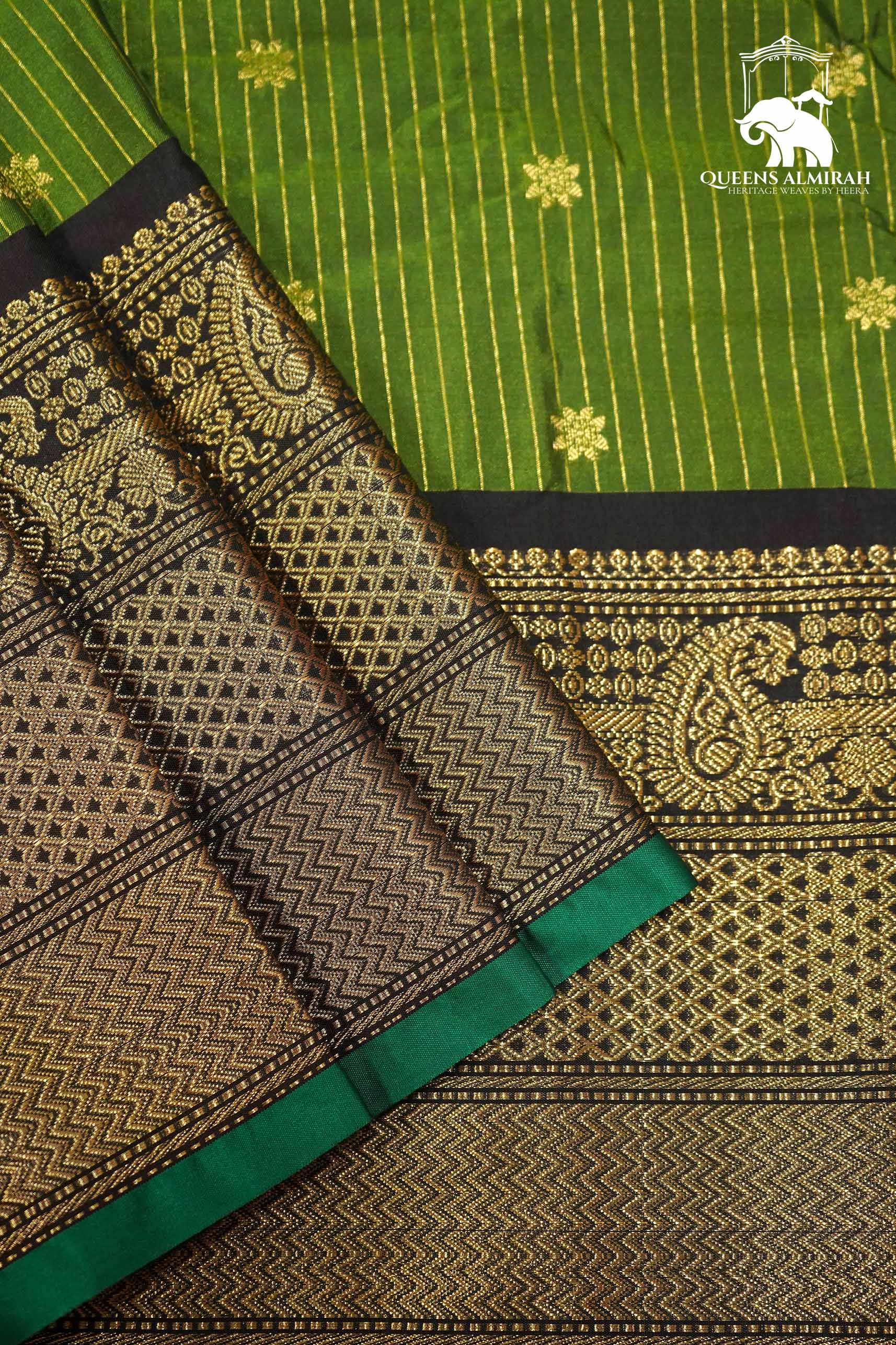 FARM GREEN WITH MOCHA BROWN MANGALGIRI GADWAL SAREE - Queens Jewel Emporium