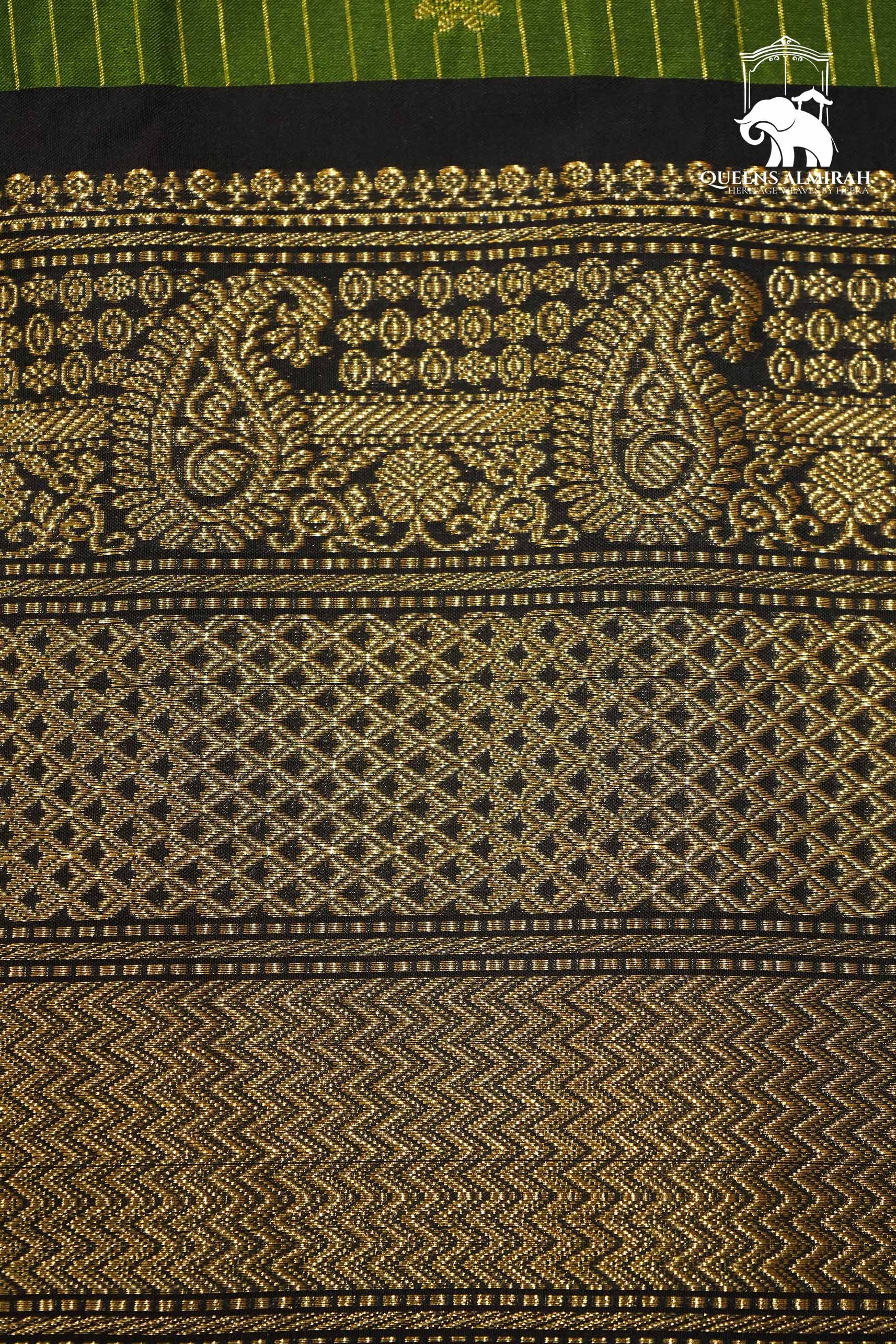 FARM GREEN WITH MOCHA BROWN MANGALGIRI GADWAL SAREE - Queens Jewel Emporium
