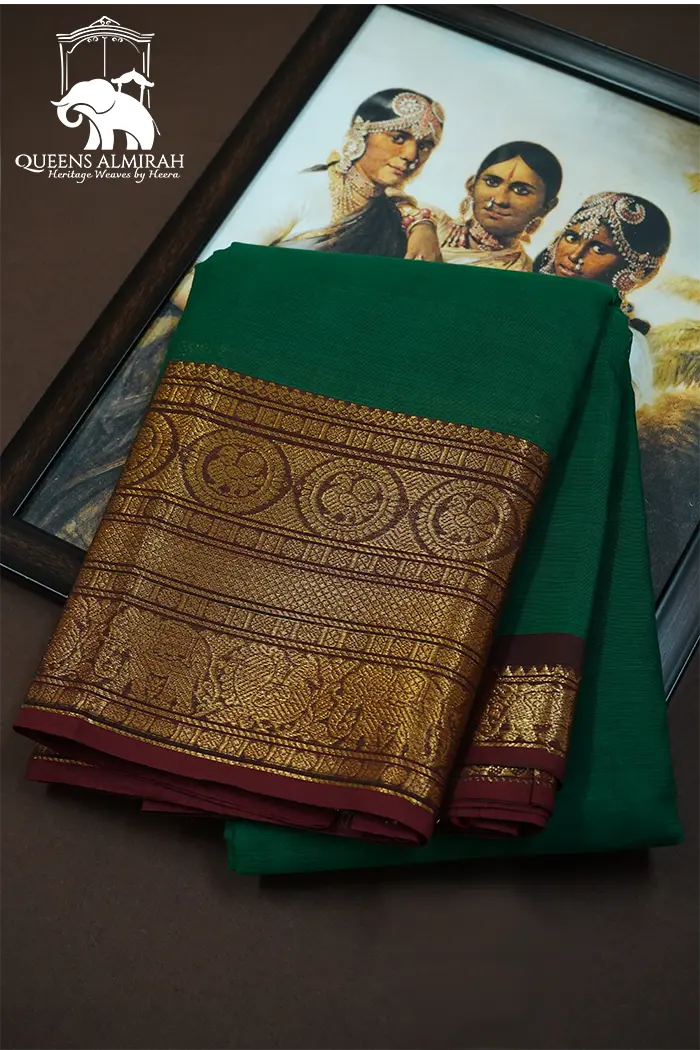 FOREST GREEN WITH CHERRY RED GOLDEN BORDER KANCHI COTTON SAREE - Queens Jewel Emporium