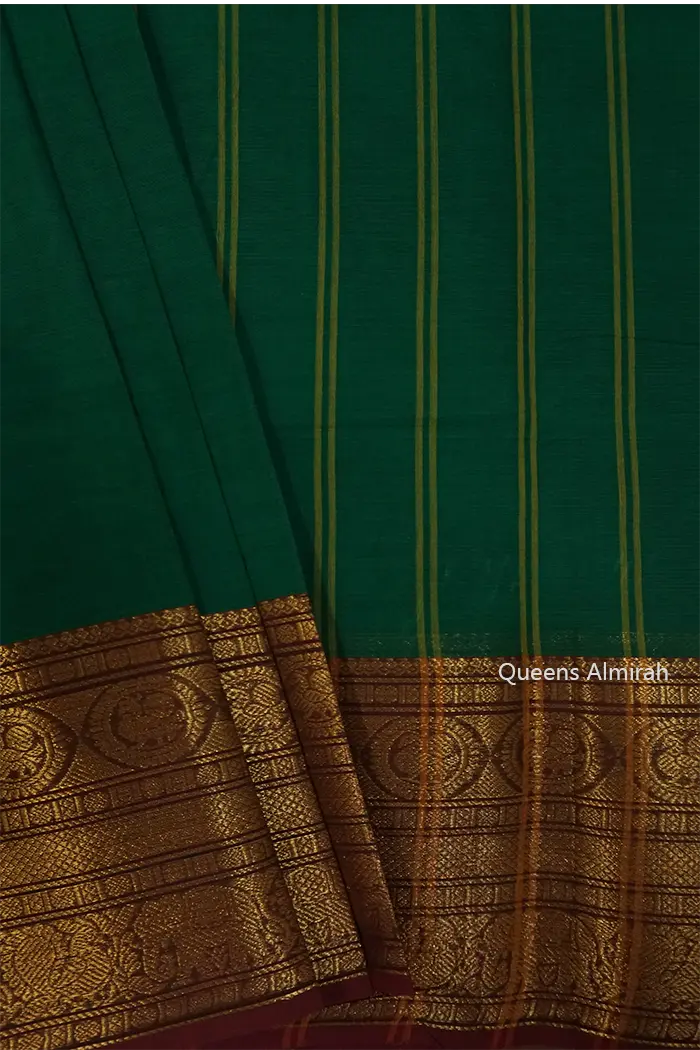 FOREST GREEN WITH CHERRY RED GOLDEN BORDER KANCHI COTTON SAREE - Queens Jewel Emporium
