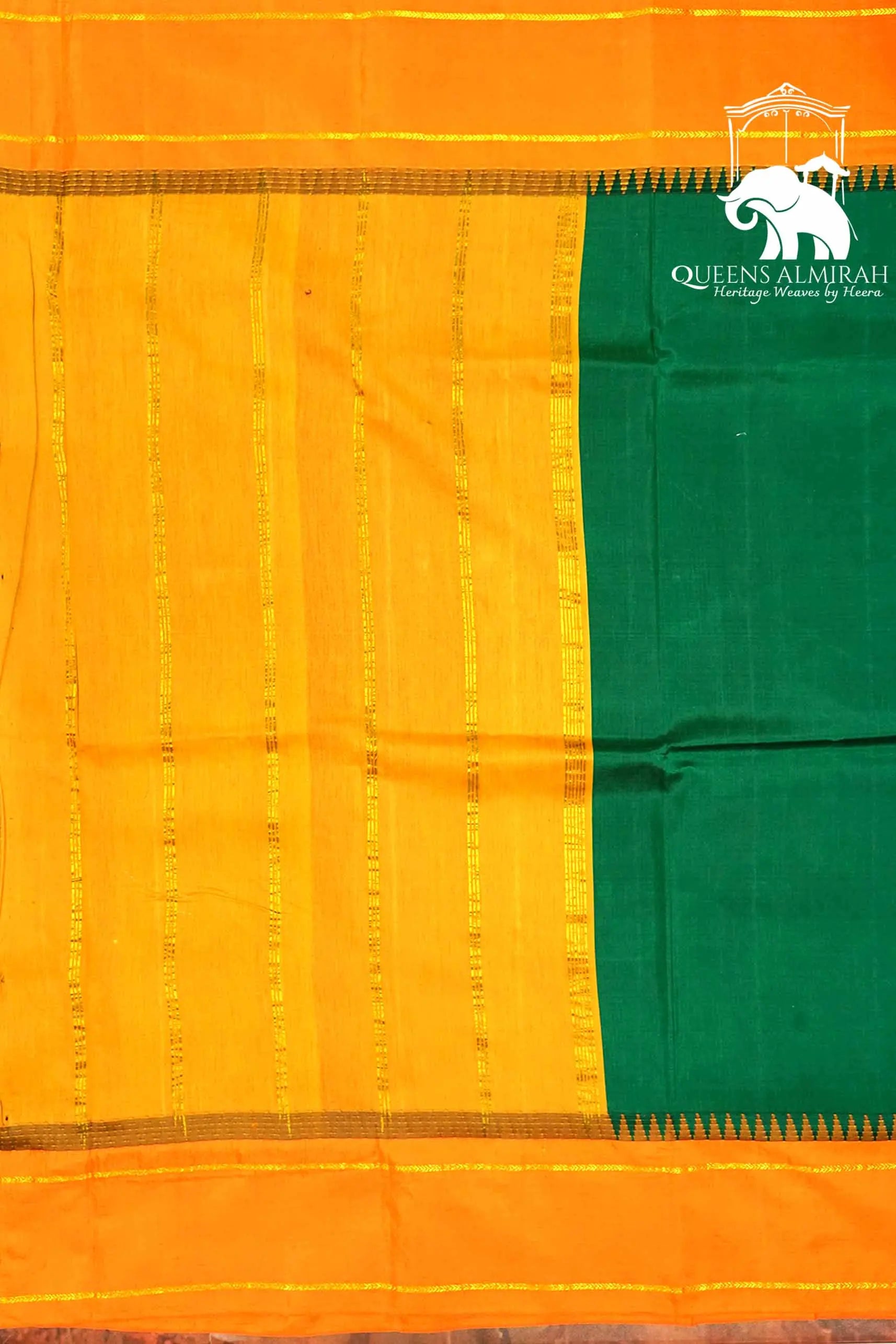 FOREST GREEN WITH ORANGE MULBERRY SILK SAREE - Queens Jewel Emporium