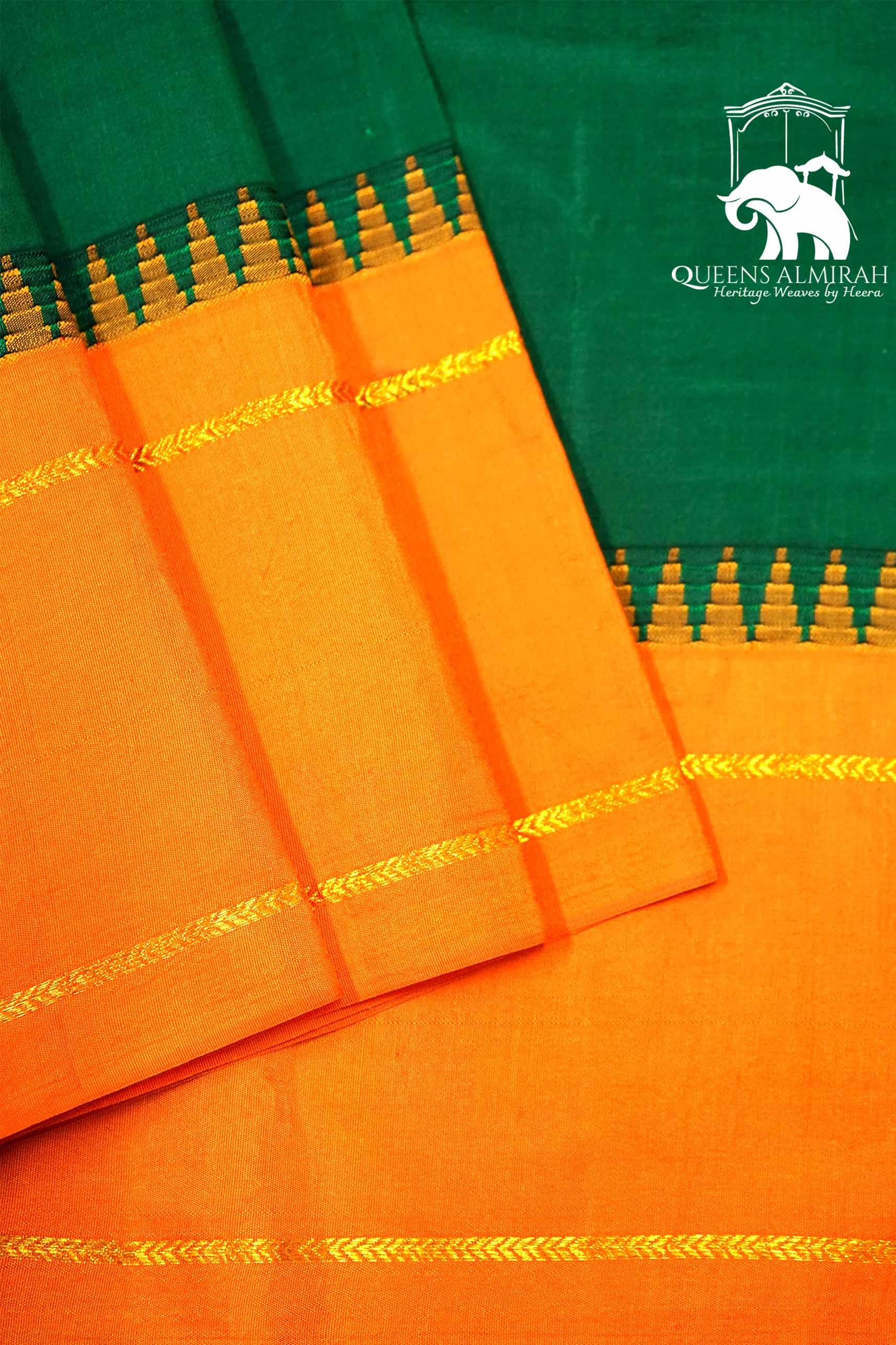 FOREST GREEN WITH ORANGE MULBERRY SILK SAREE - Queens Jewel Emporium