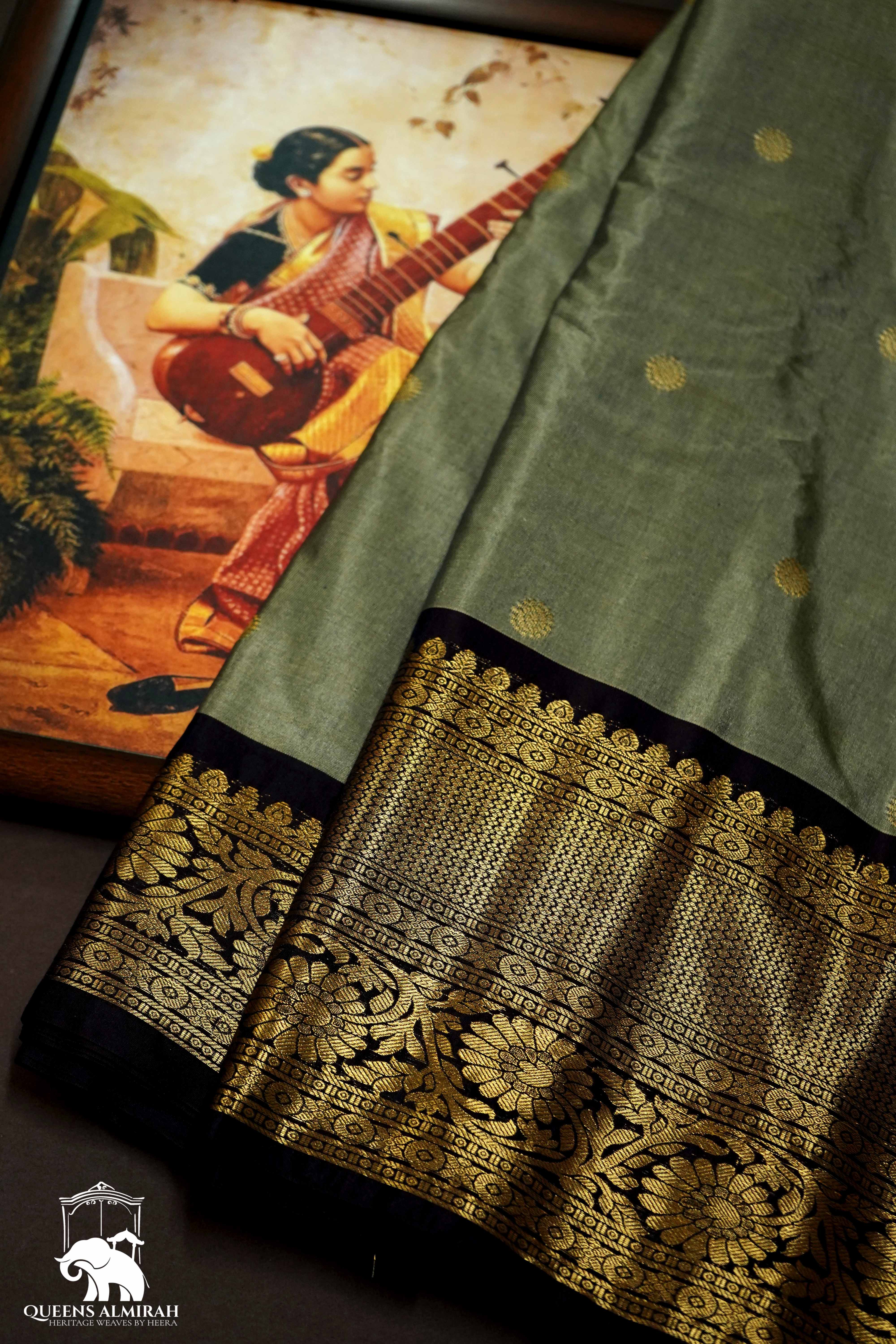 FOSSIL GRAY WITH BROWN MANGALGIRI GADWAL SAREE - Queens Jewel Emporium
