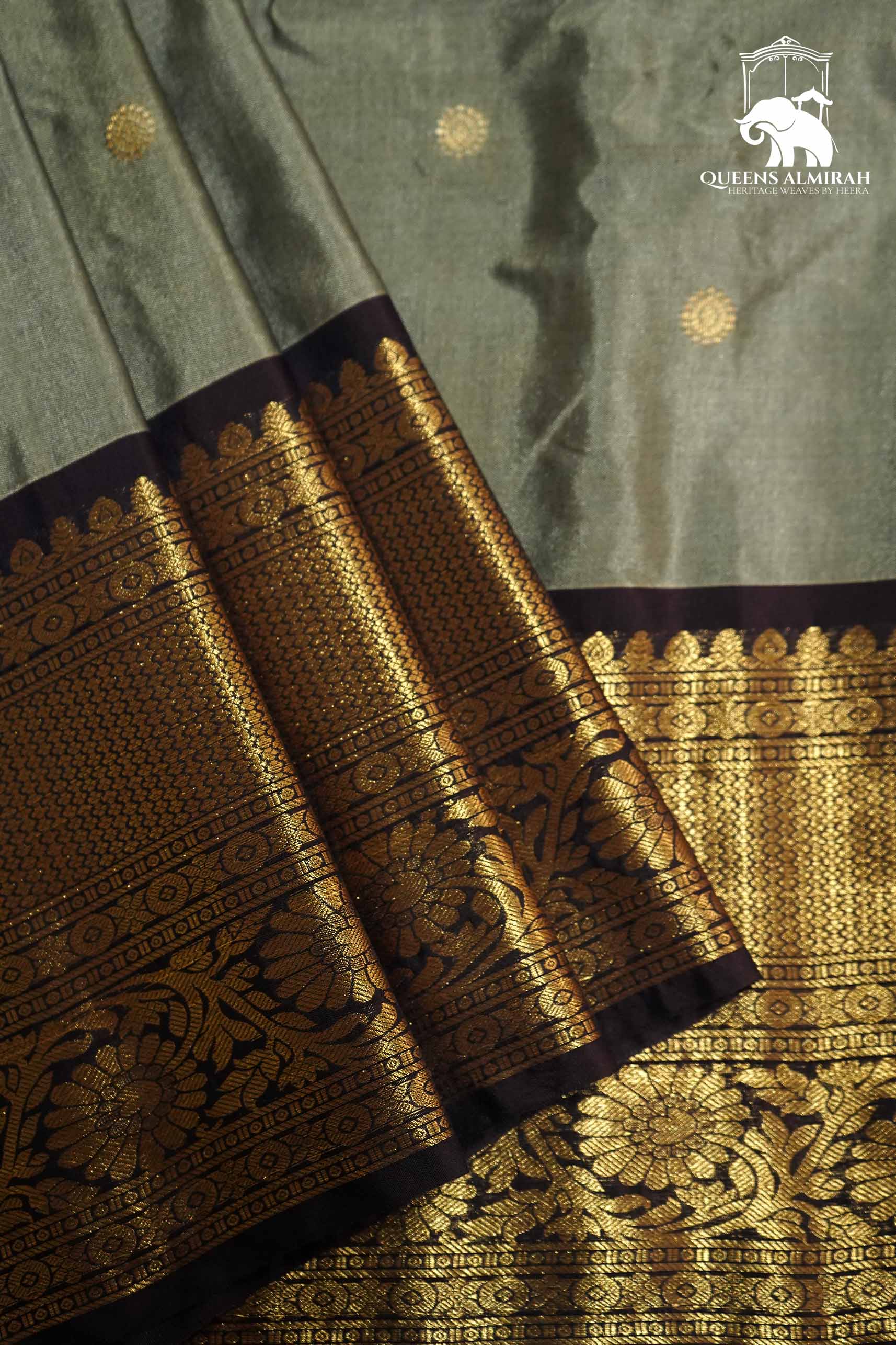 FOSSIL GRAY WITH BROWN MANGALGIRI GADWAL SAREE - Queens Jewel Emporium