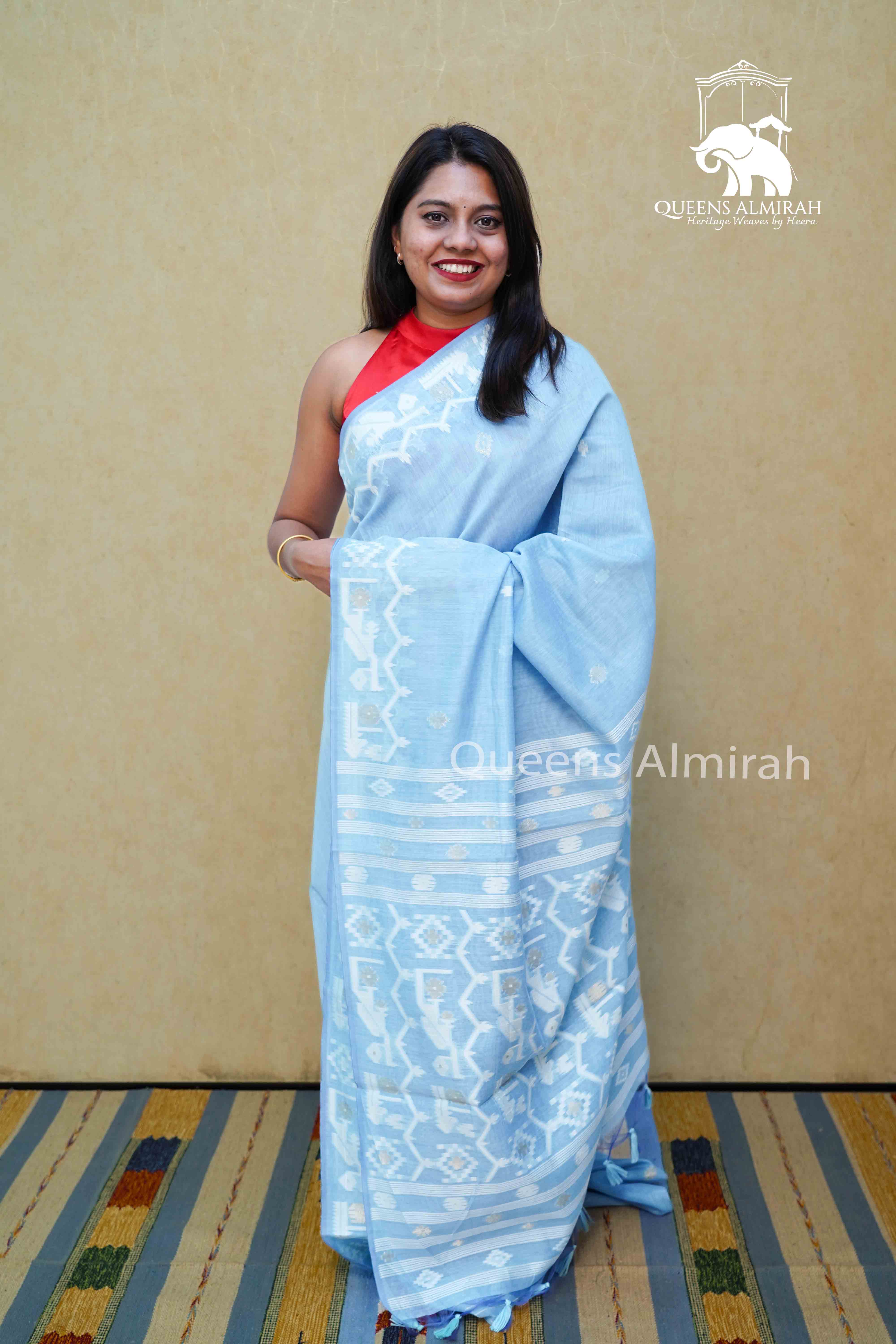 FOUNTAIN BLUE JAMDANI COTTON SAREE - Queens Jewel Emporium