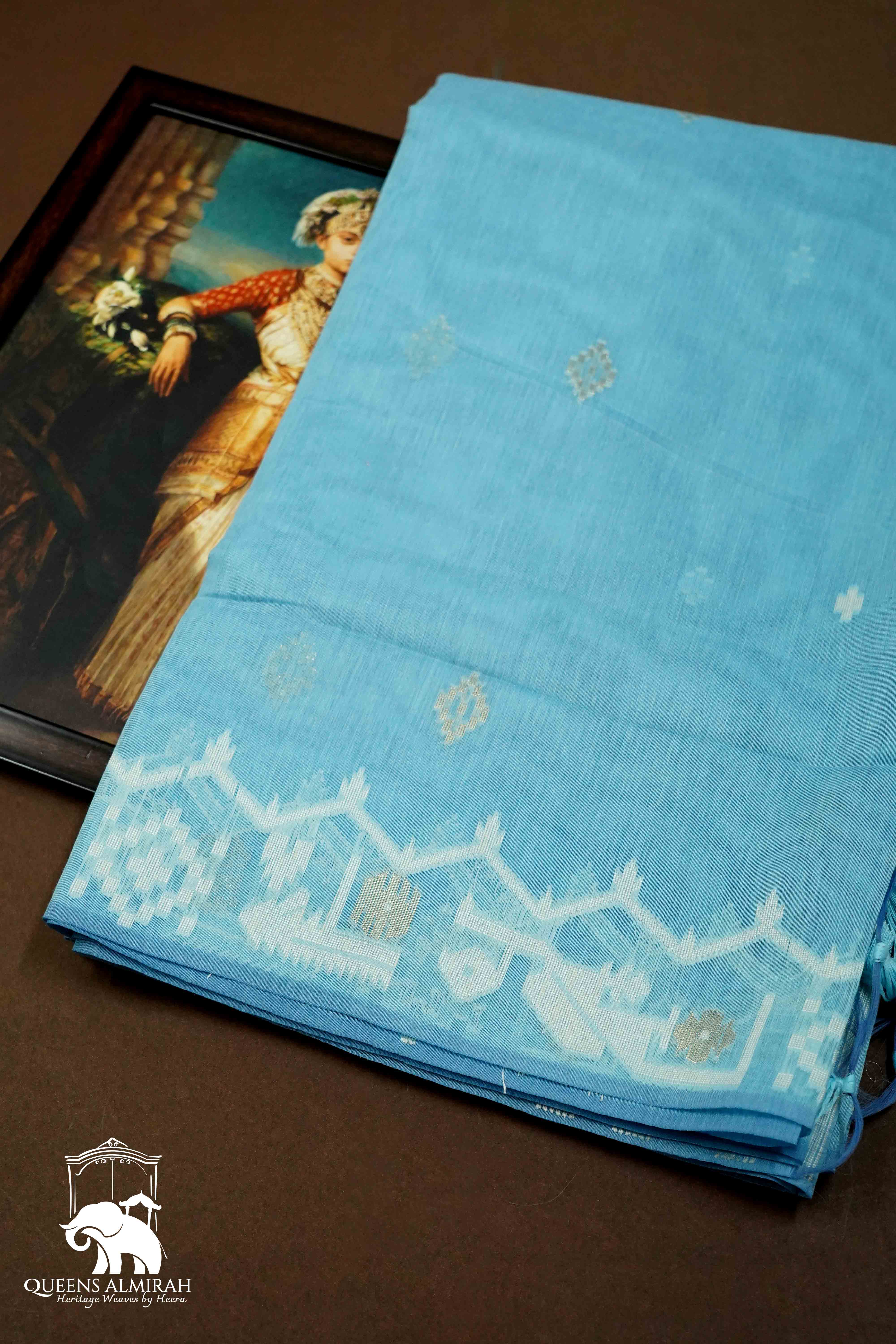 FOUNTAIN BLUE JAMDANI COTTON SAREE - Queens Jewel Emporium