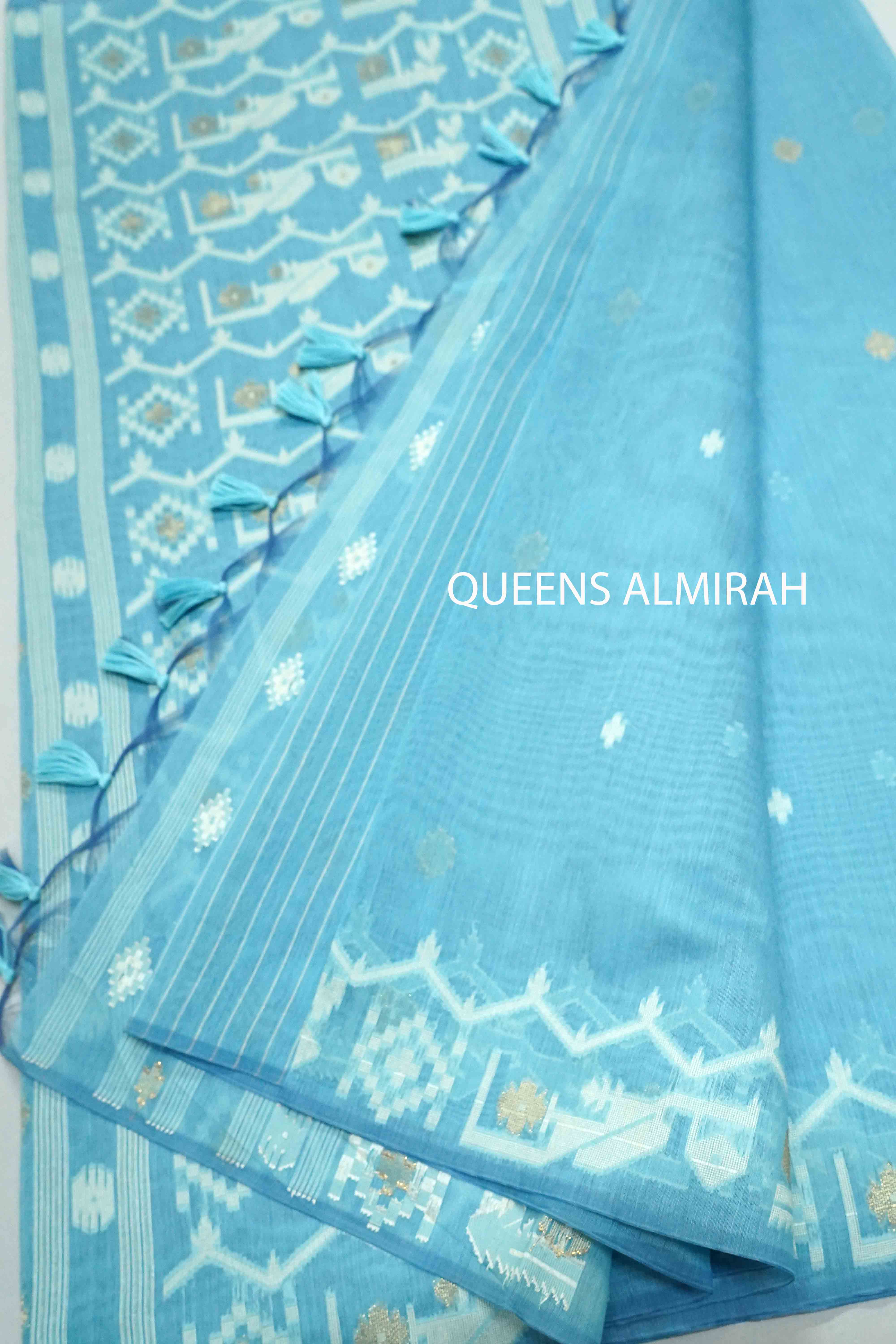 FOUNTAIN BLUE JAMDANI COTTON SAREE - Queens Jewel Emporium