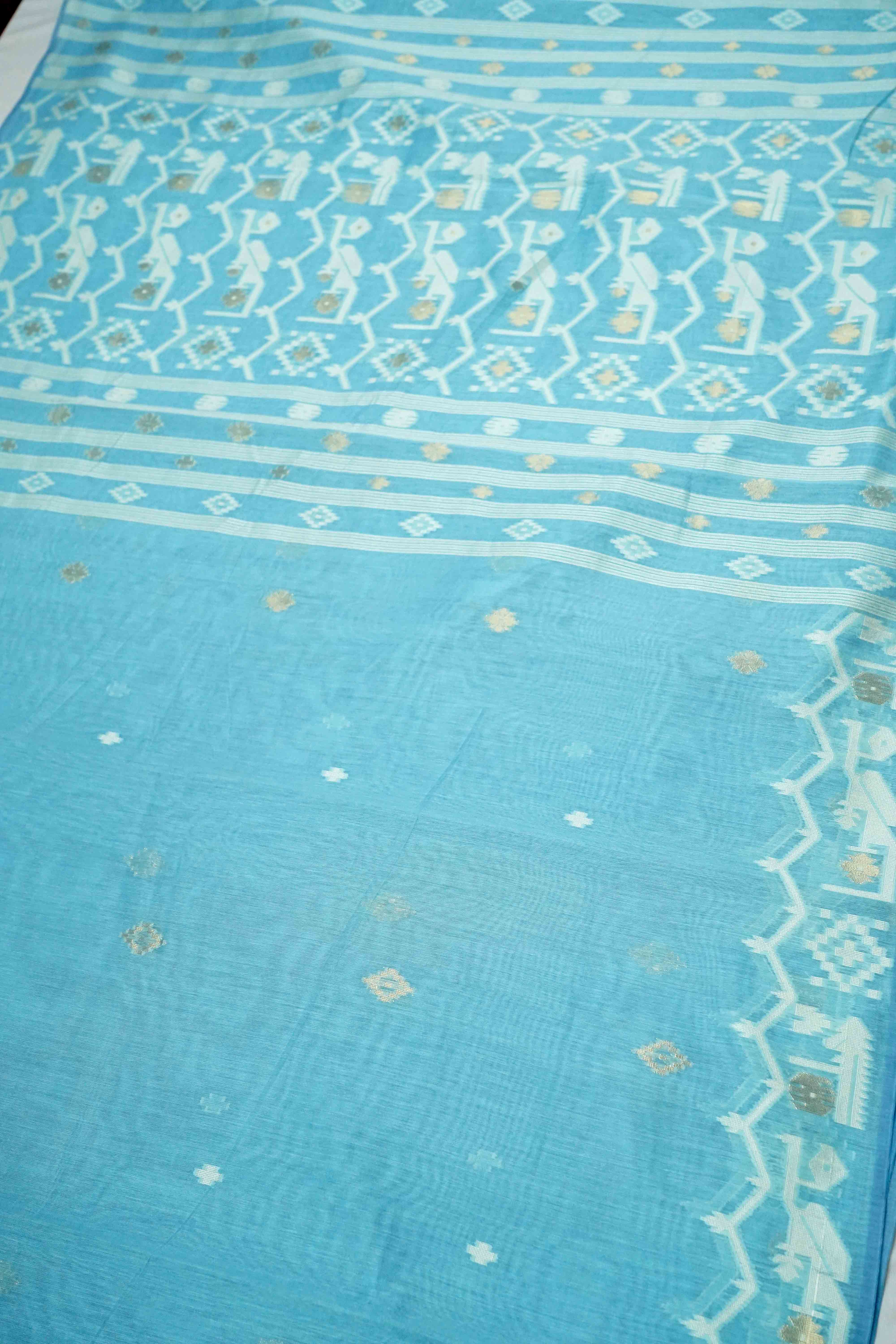 FOUNTAIN BLUE JAMDANI COTTON SAREE - Queens Jewel Emporium