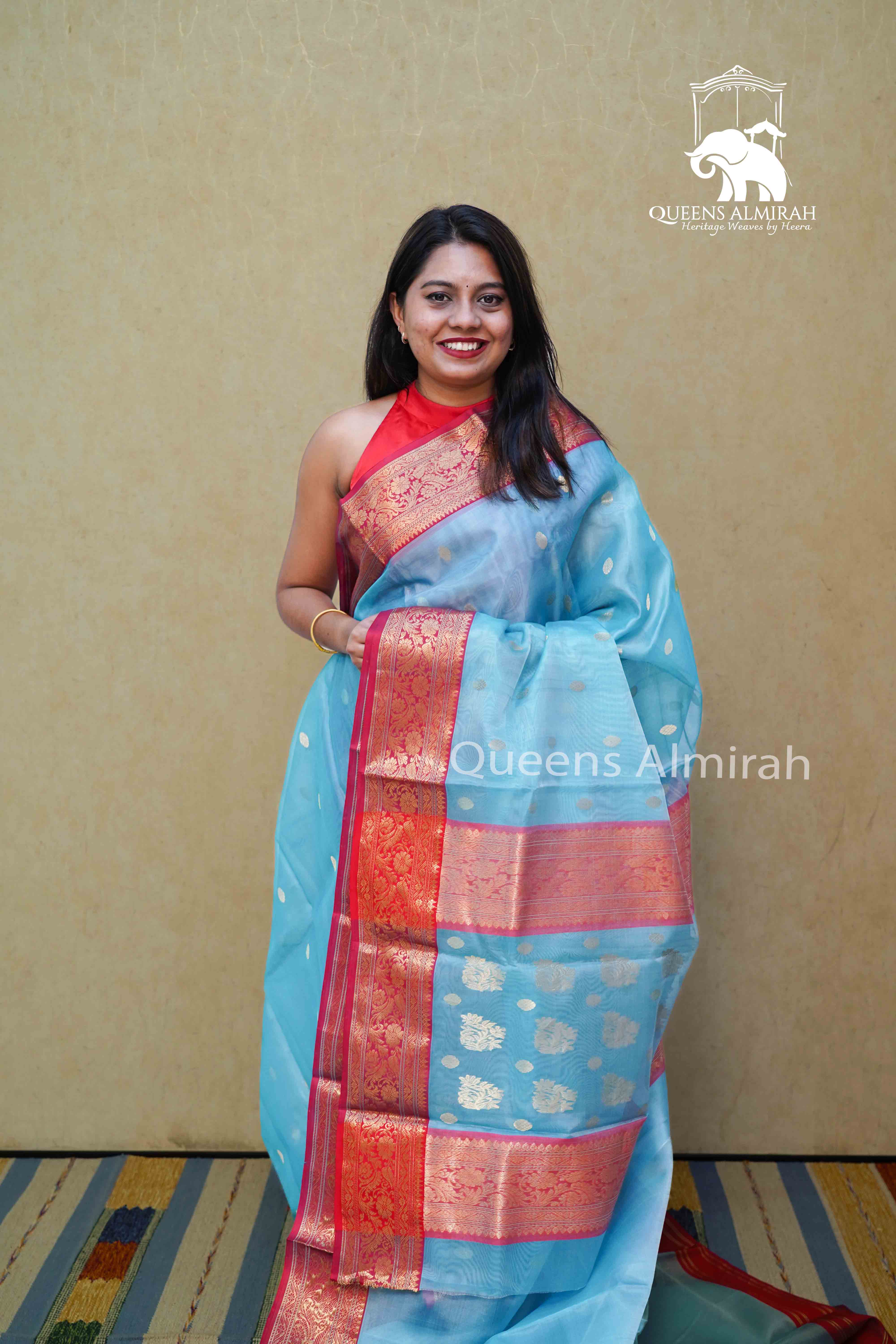 FOUNTAIN BLUE WITH MAROON -TRADITIONAL KATAN CHANDERI KATAN SILK HANDLOOM SAREE - Queens Jewel Emporium