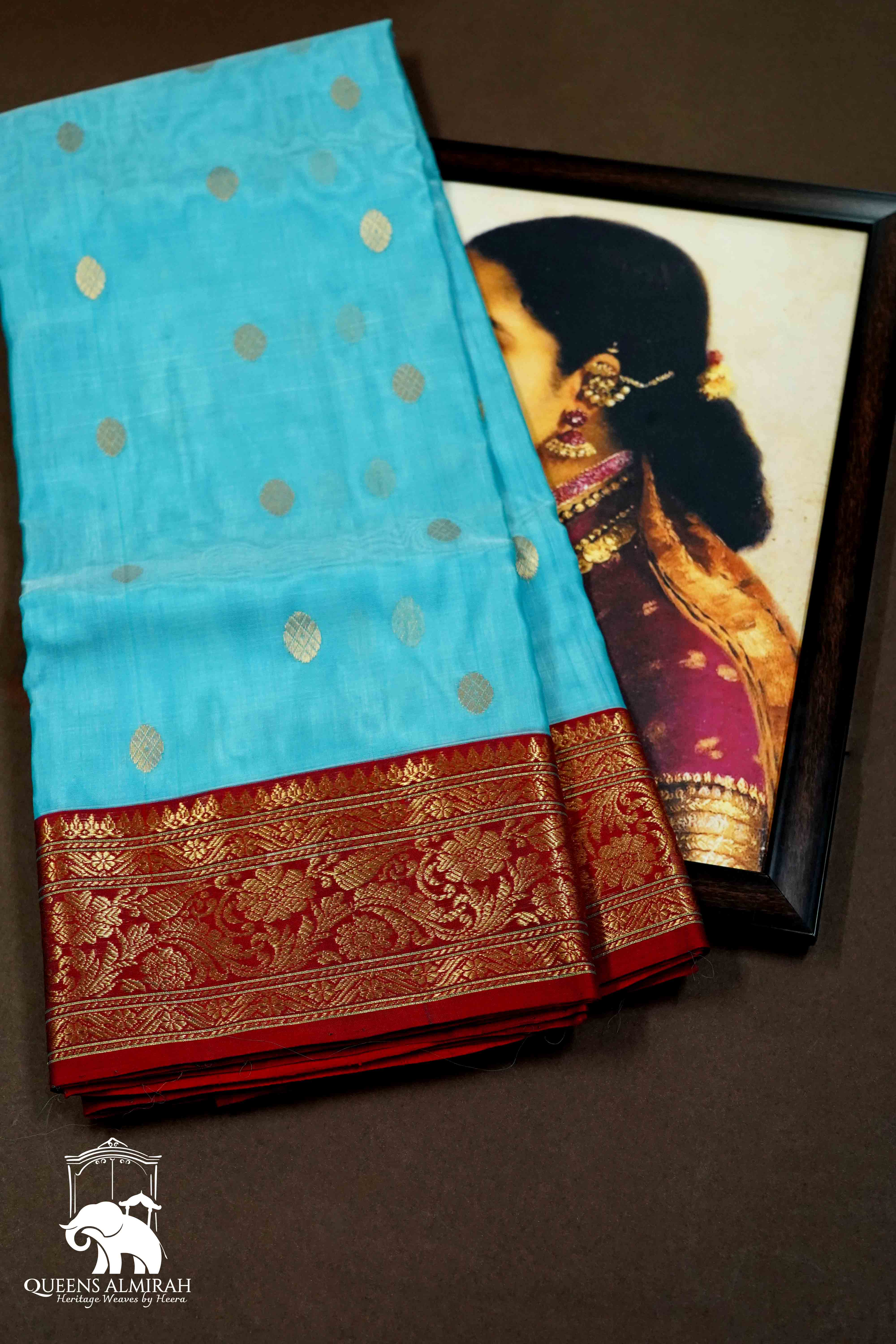 FOUNTAIN BLUE WITH MAROON -TRADITIONAL KATAN CHANDERI KATAN SILK HANDLOOM SAREE - Queens Jewel Emporium
