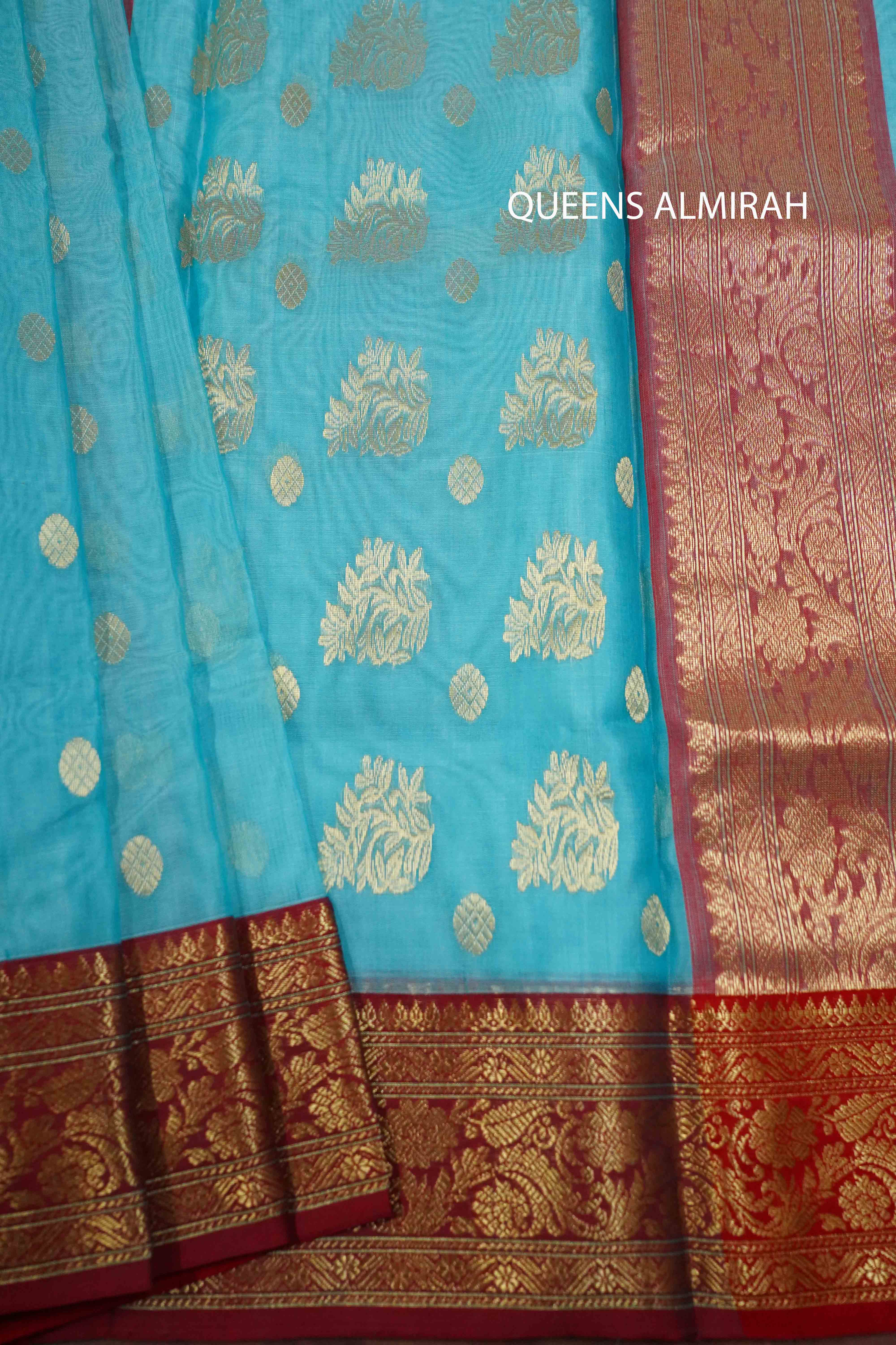 FOUNTAIN BLUE WITH MAROON -TRADITIONAL KATAN CHANDERI KATAN SILK HANDLOOM SAREE - Queens Jewel Emporium