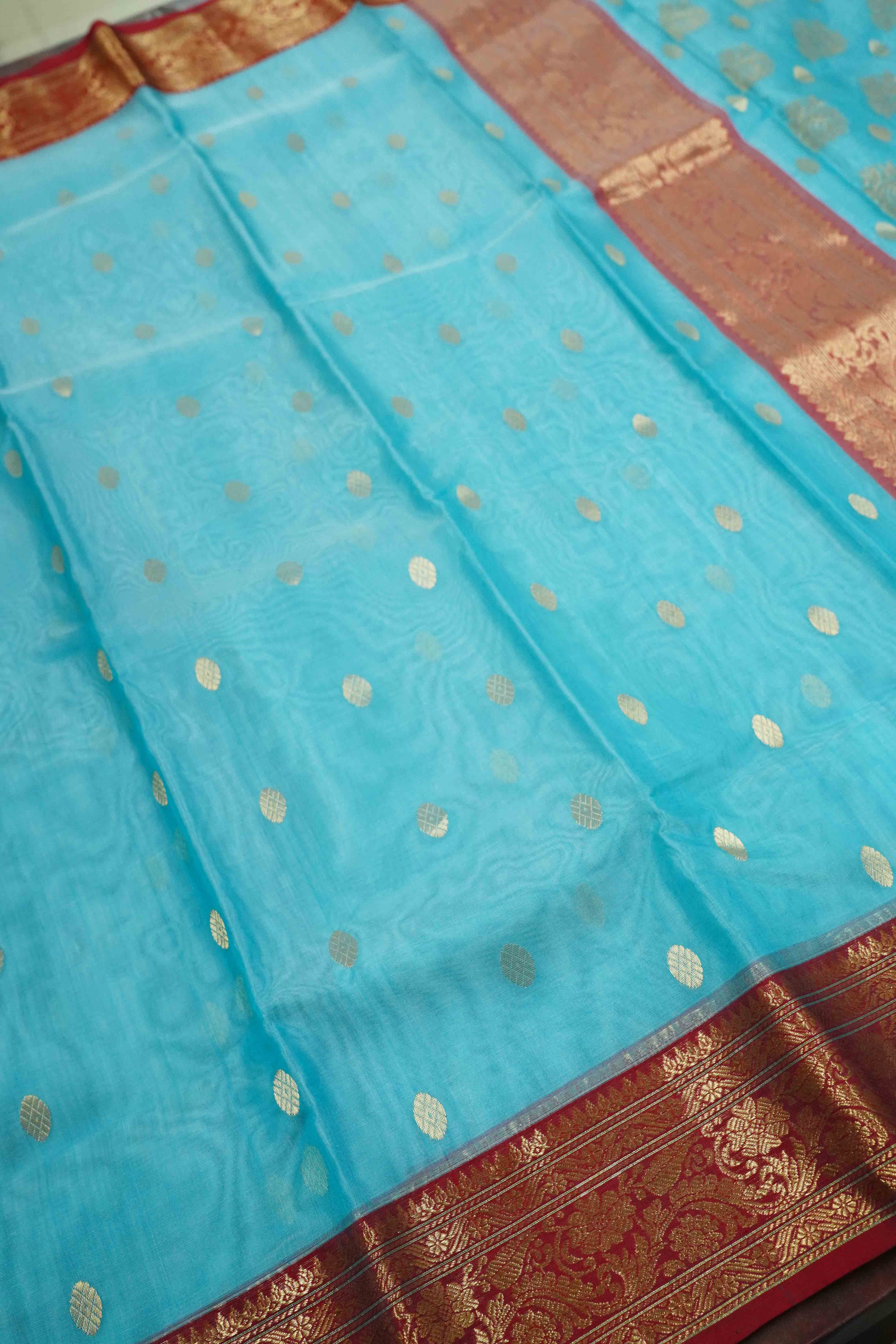 FOUNTAIN BLUE WITH MAROON -TRADITIONAL KATAN CHANDERI KATAN SILK HANDLOOM SAREE - Queens Jewel Emporium