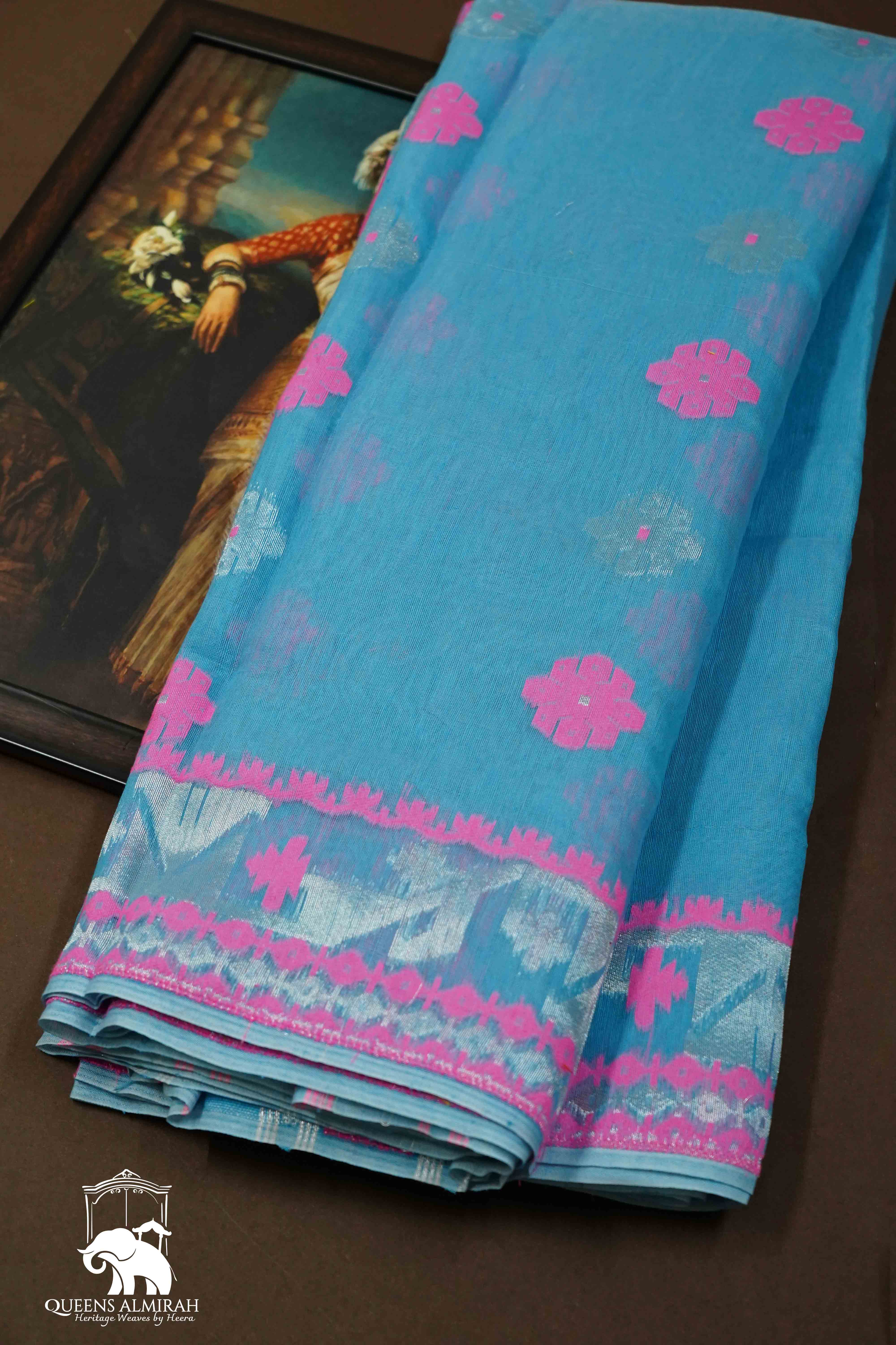 FOUNTAIN BLUE WITH MUTED PINK JAMDANI COTTON SAREE - Queens Jewel Emporium