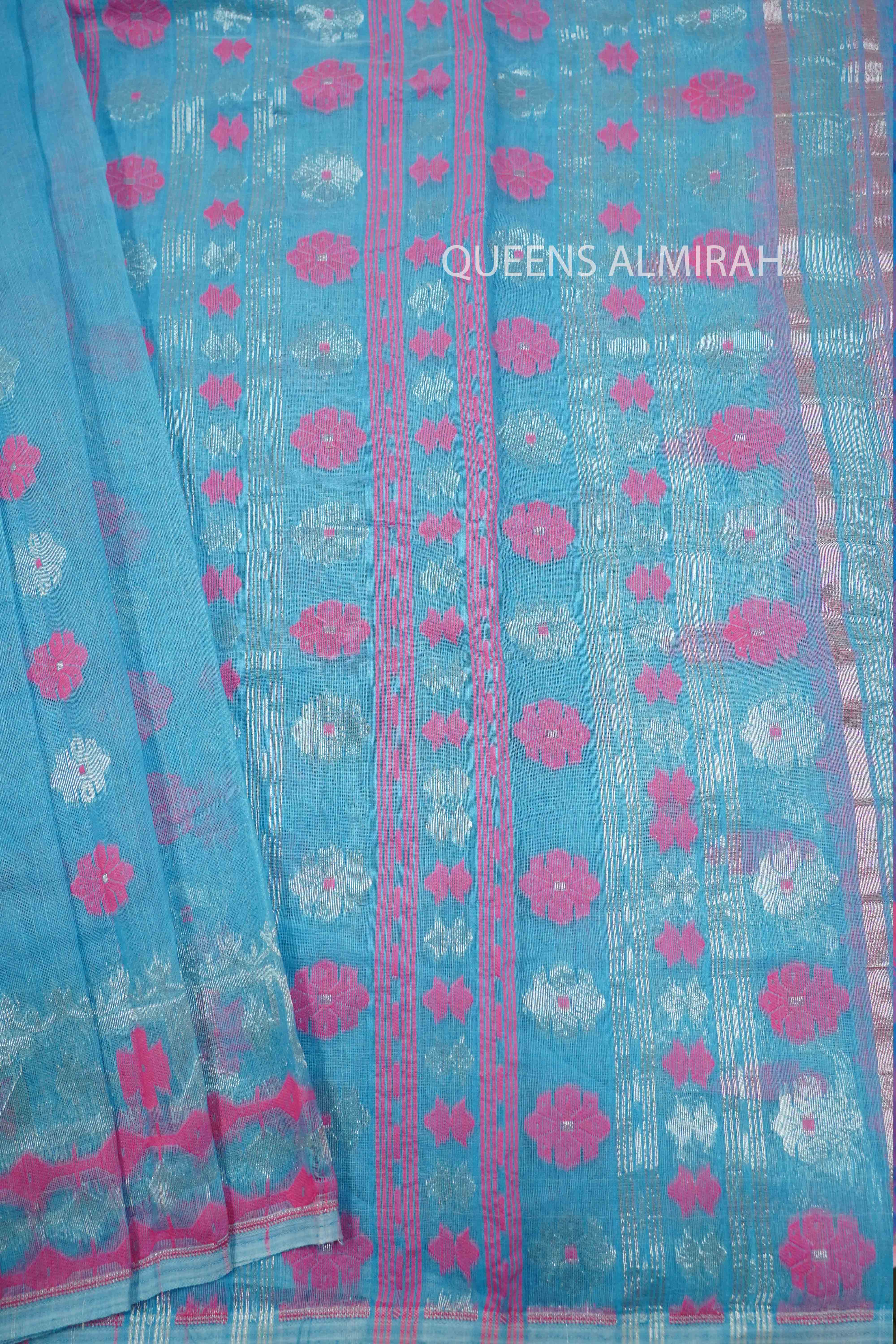 FOUNTAIN BLUE WITH MUTED PINK JAMDANI COTTON SAREE - Queens Jewel Emporium