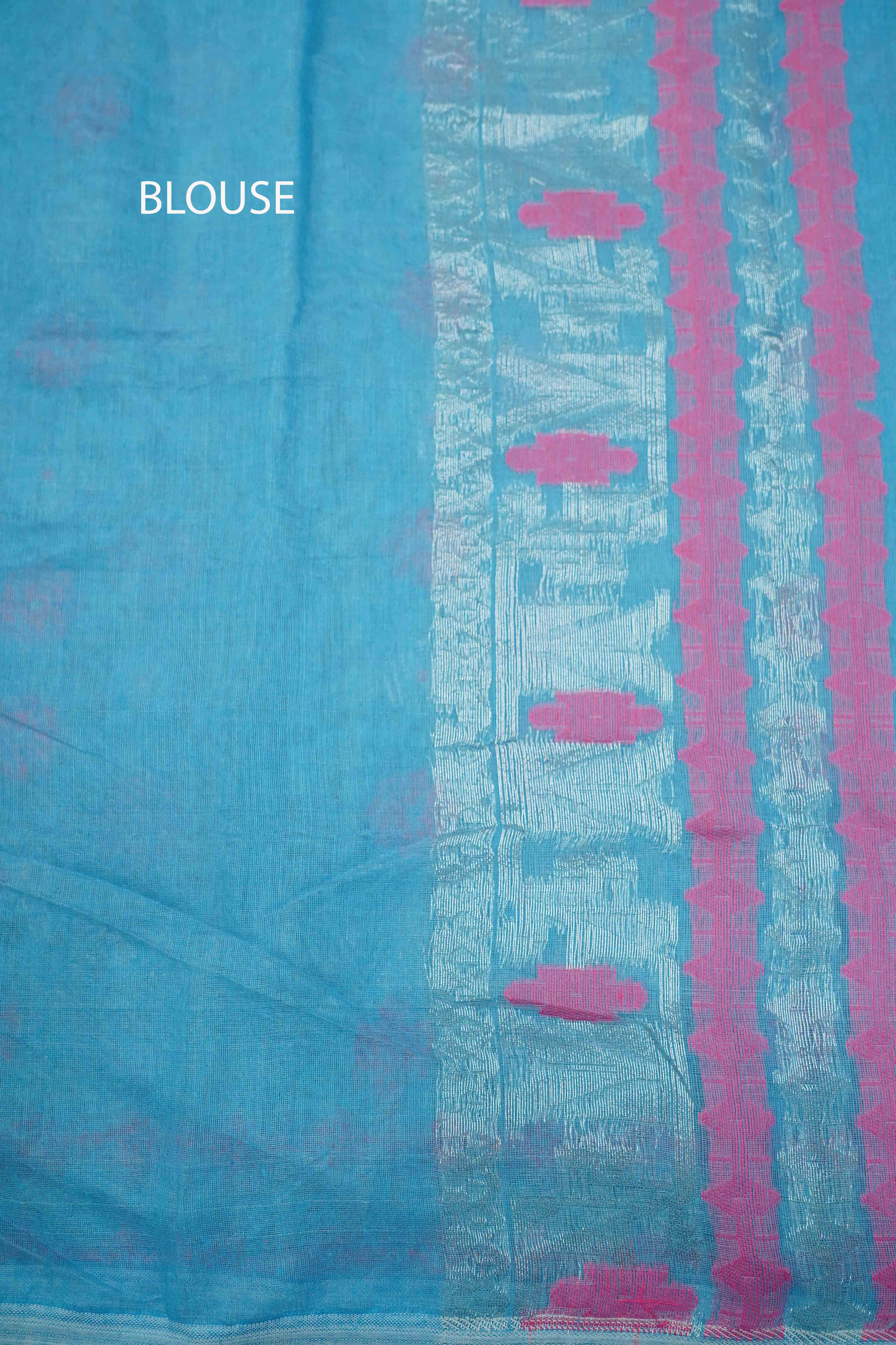 FOUNTAIN BLUE WITH MUTED PINK JAMDANI COTTON SAREE - Queens Jewel Emporium