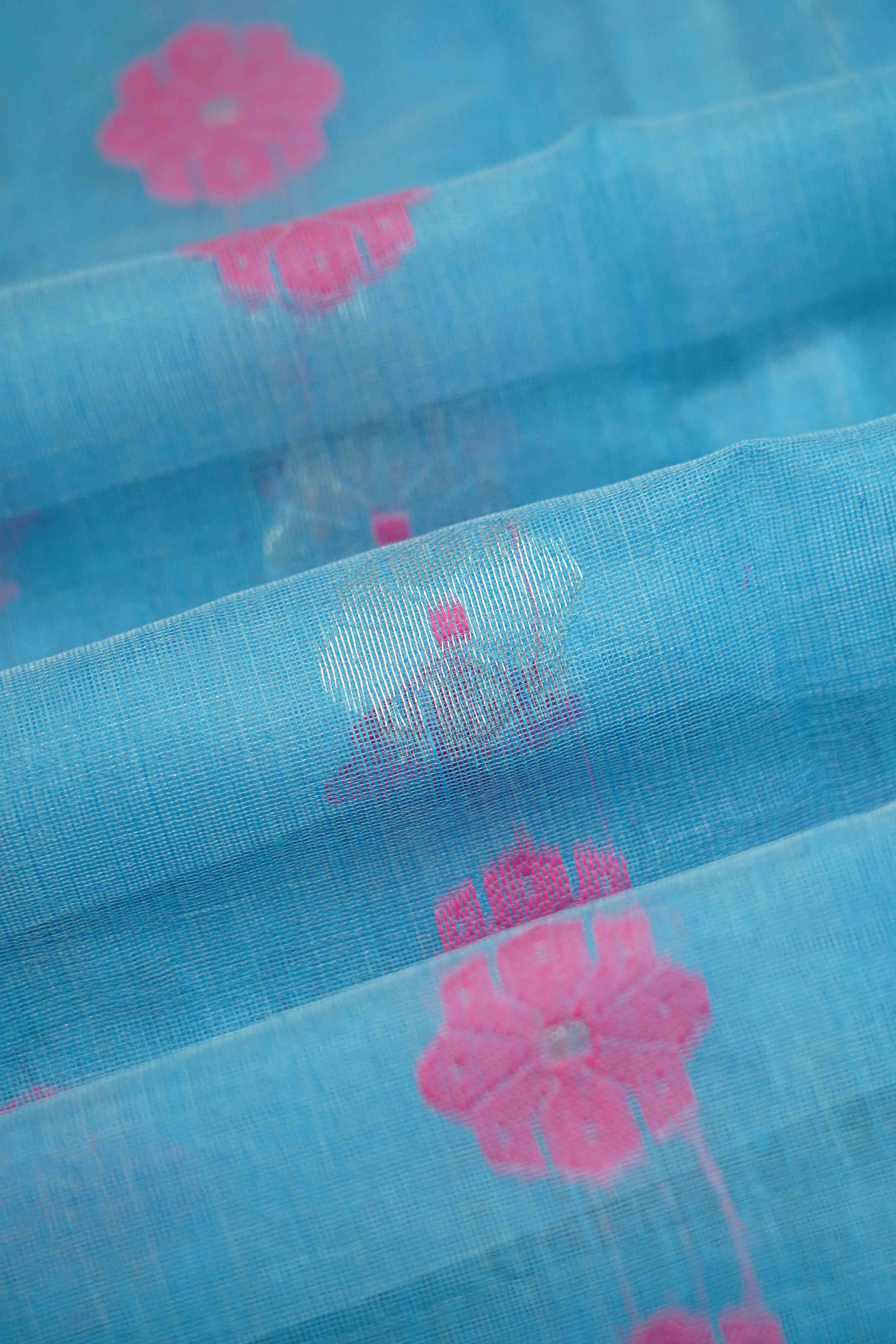 FOUNTAIN BLUE WITH MUTED PINK JAMDANI COTTON SAREE - Queens Jewel Emporium