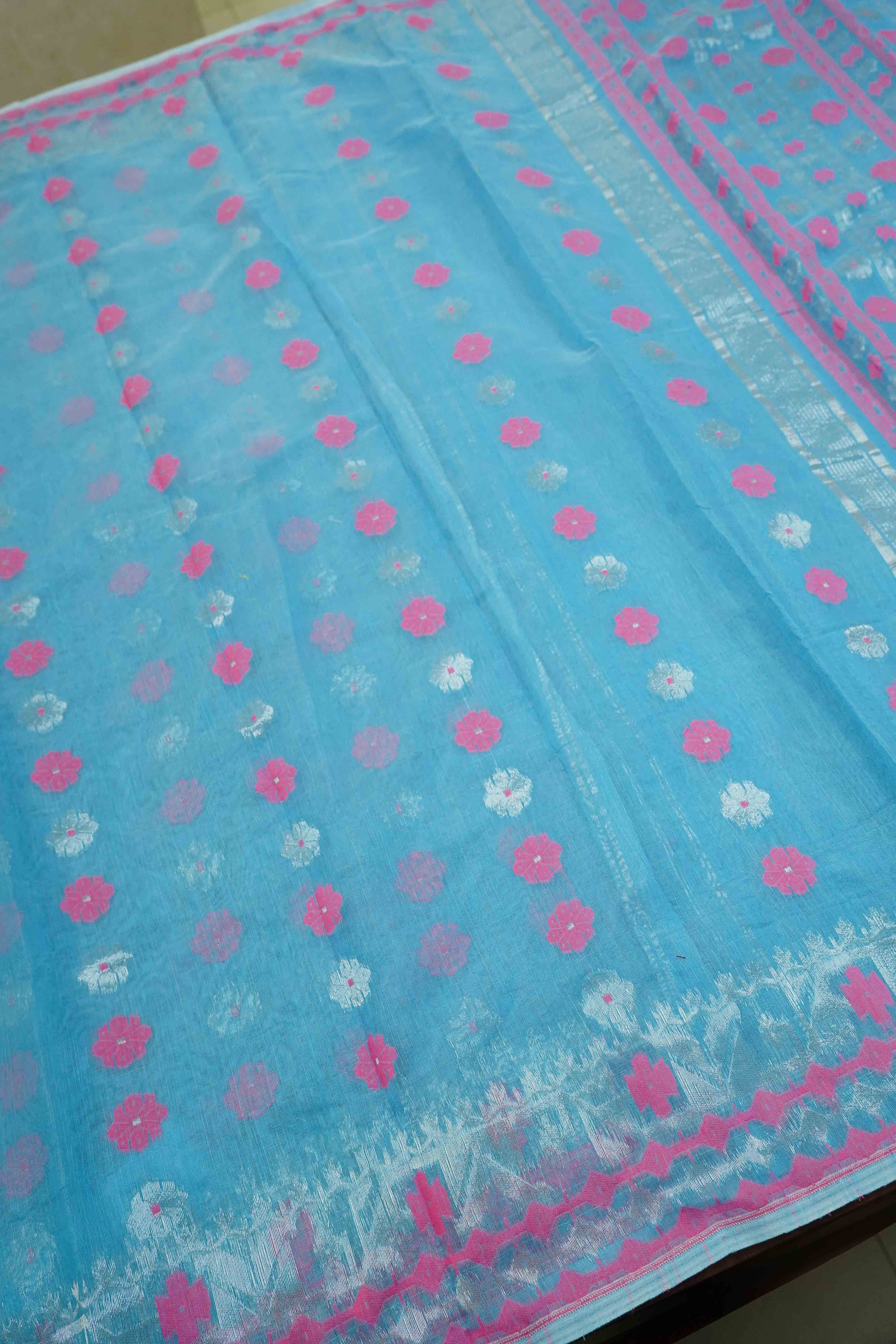 FOUNTAIN BLUE WITH MUTED PINK JAMDANI COTTON SAREE - Queens Jewel Emporium