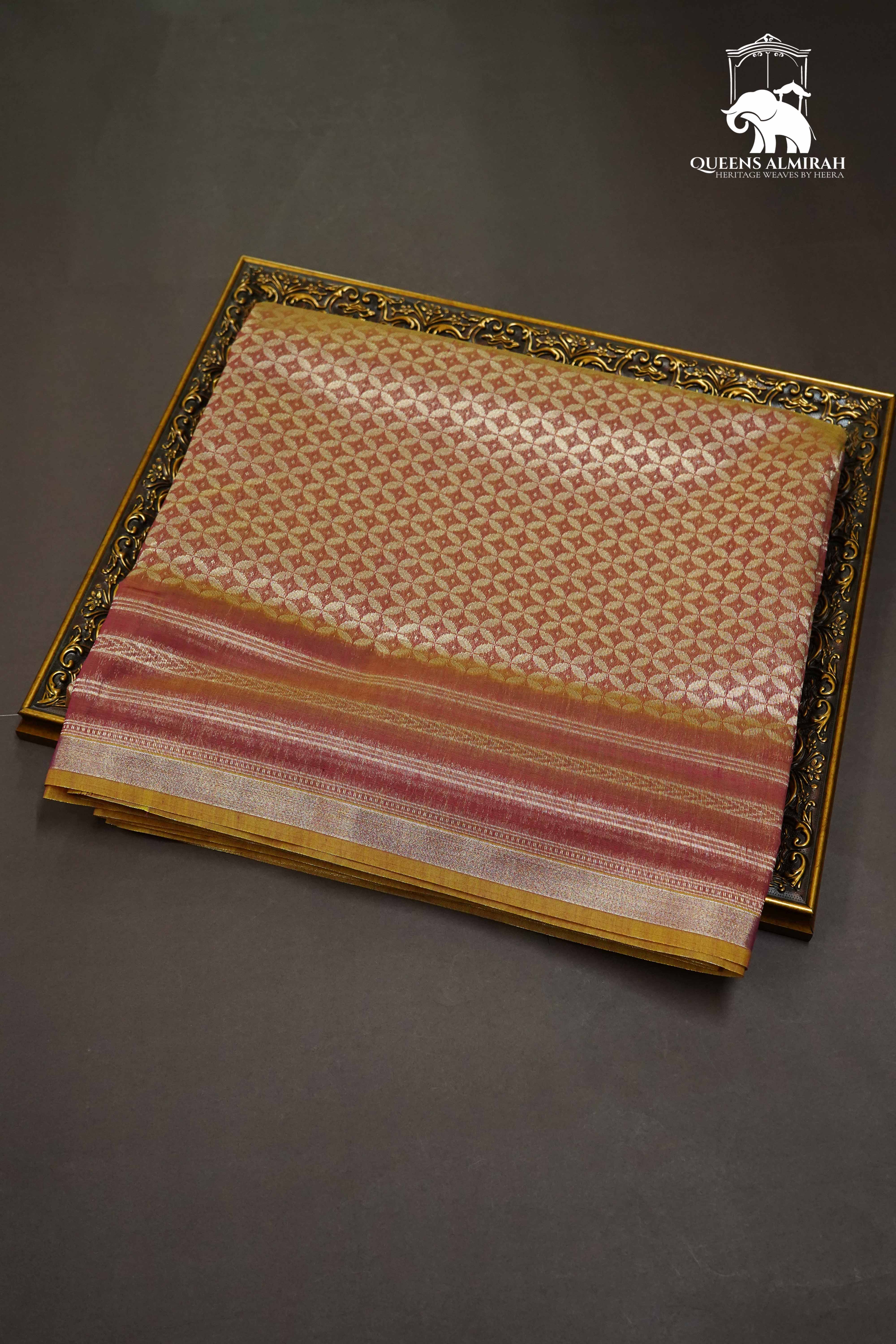 FOUR PETALS PINKISH MUSTARD WITH WOVEN BORDER SILK COTTON SAREE - Queens Jewel Emporium
