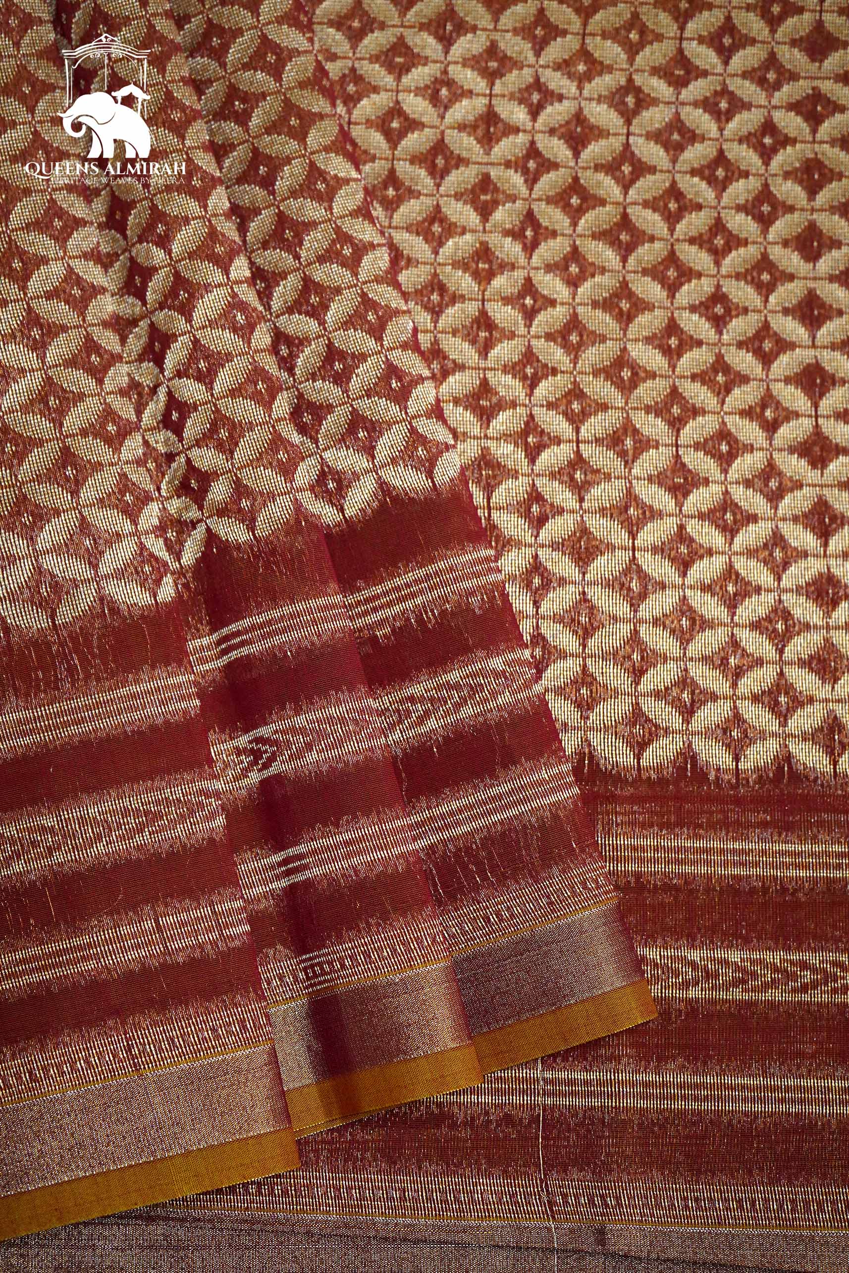 FOUR PETALS PINKISH MUSTARD WITH WOVEN BORDER SILK COTTON SAREE - Queens Jewel Emporium