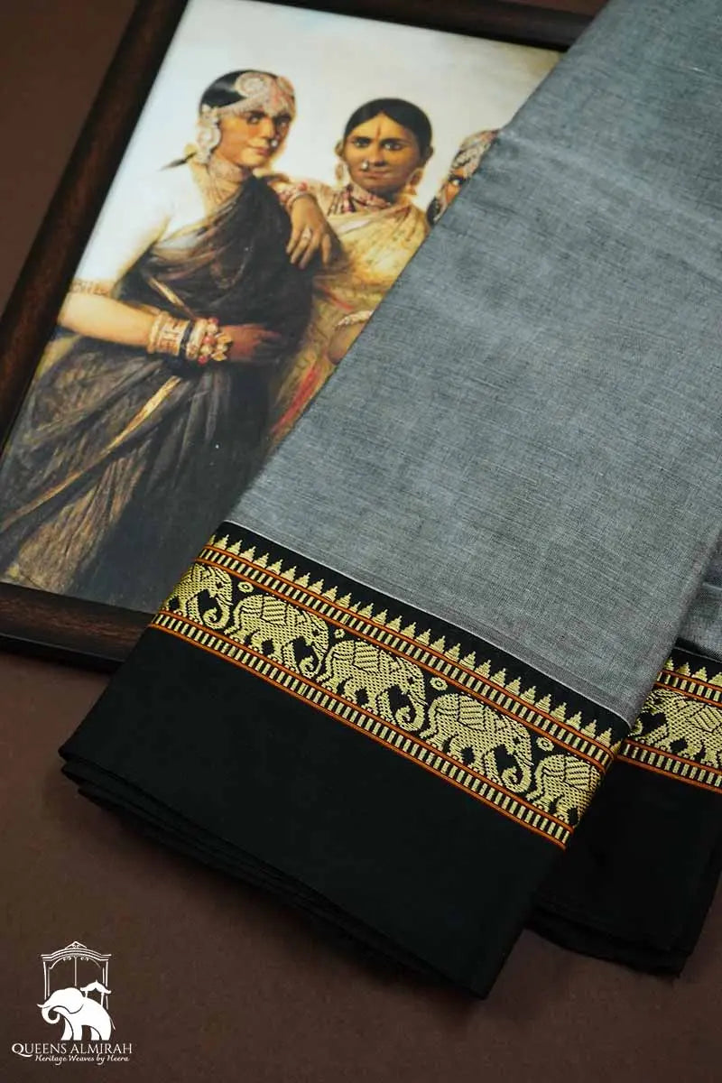 GLACIER GREY WITH BLACK BORDER  NARAYANPET COTTON SAREE - Queens Jewel Emporium