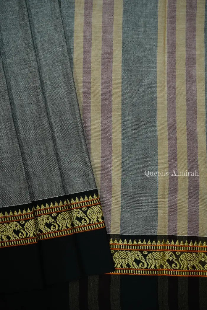 GLACIER GREY WITH BLACK BORDER  NARAYANPET COTTON SAREE - Queens Jewel Emporium
