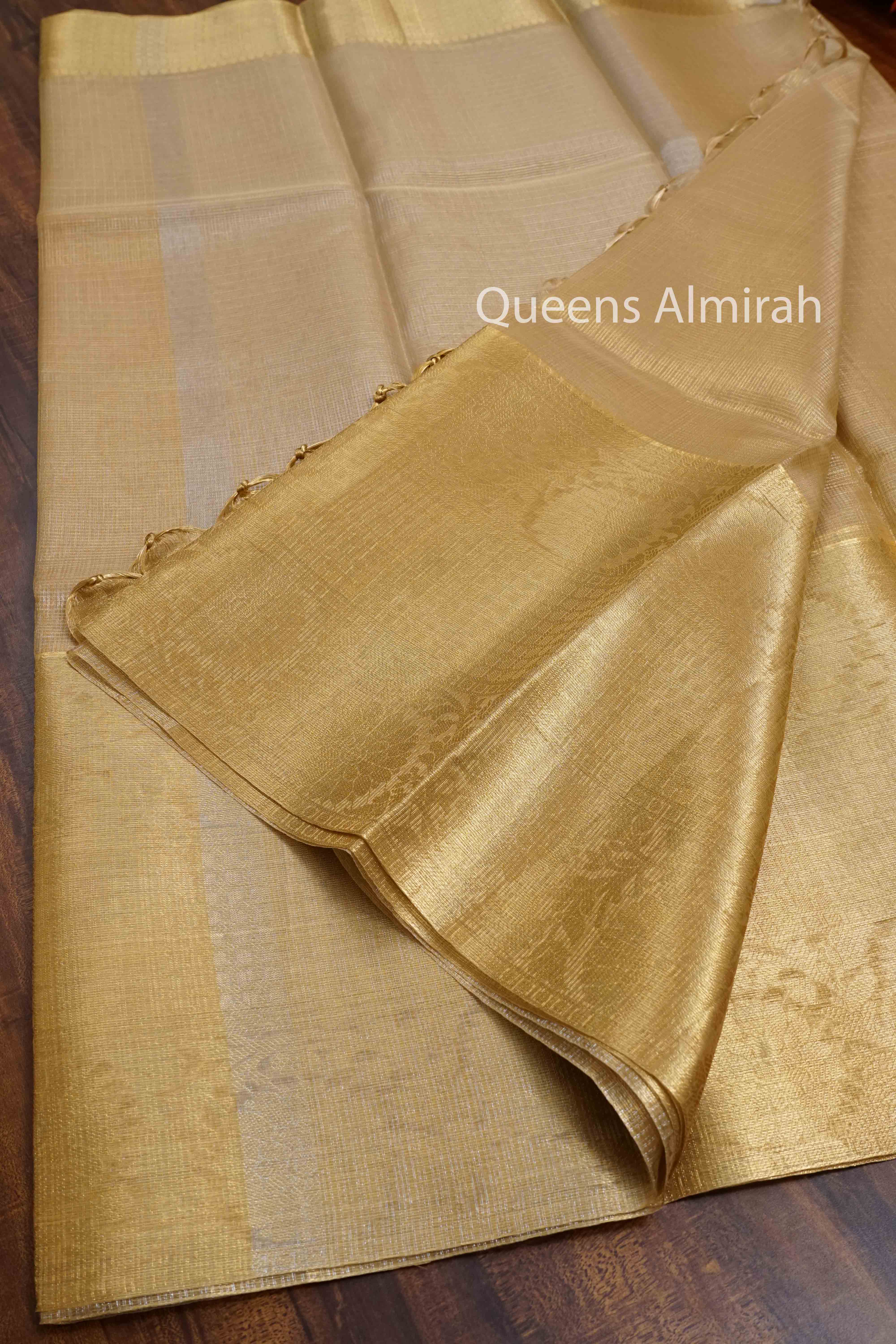 GOLDEN BIG BORDER SEMI KORA ORGANZA SAREE - Queens Jewel Emporium