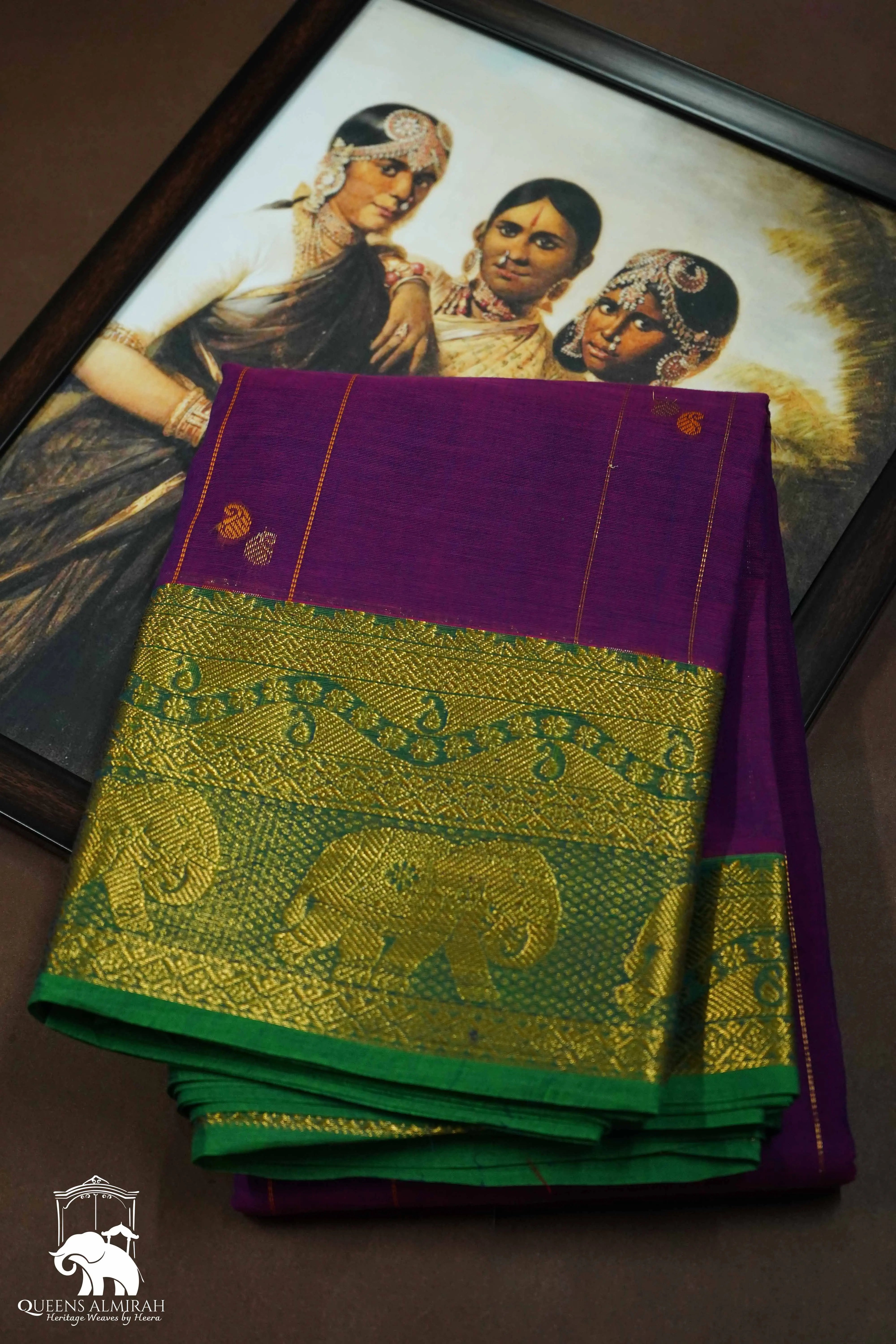 GRAPE PURPLE WITH GREEN KANCHI COTTON SAREE - Queens Jewel Emporium