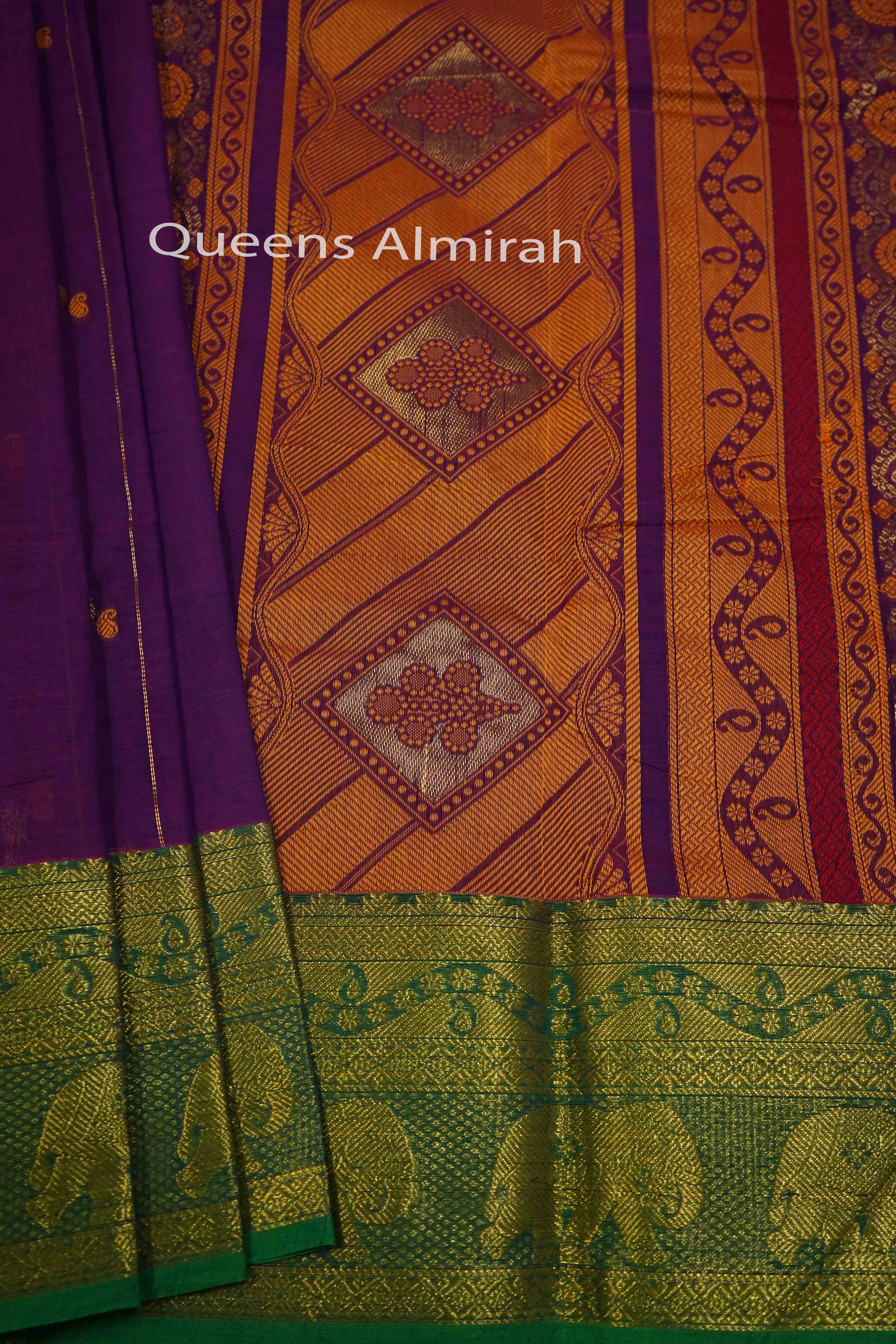 GRAPE PURPLE WITH GREEN KANCHI COTTON SAREE - Queens Jewel Emporium