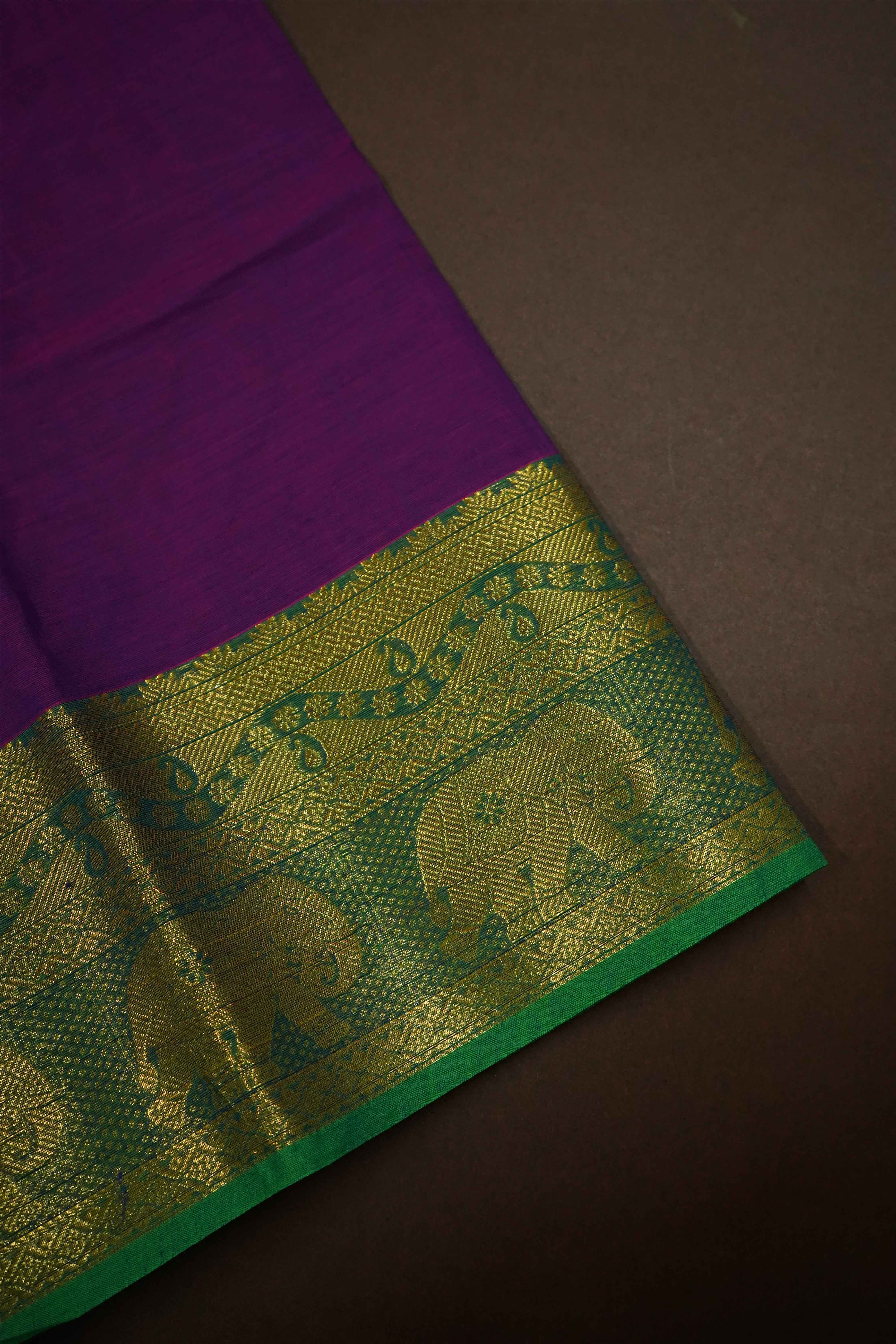 GRAPE PURPLE WITH GREEN KANCHI COTTON SAREE - Queens Jewel Emporium